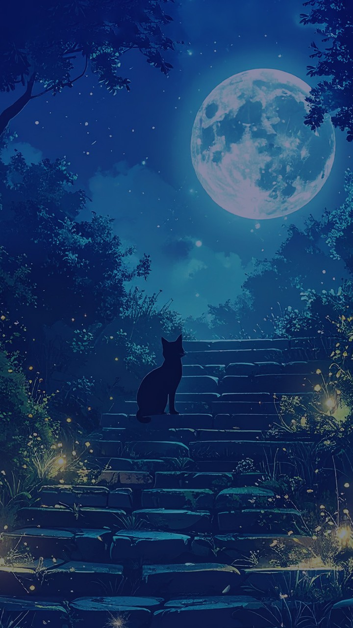 月夜の森と黒猫