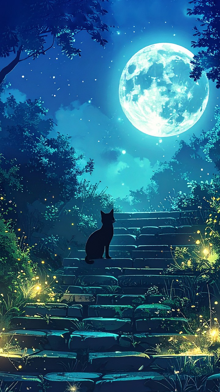 月夜の森と黒猫