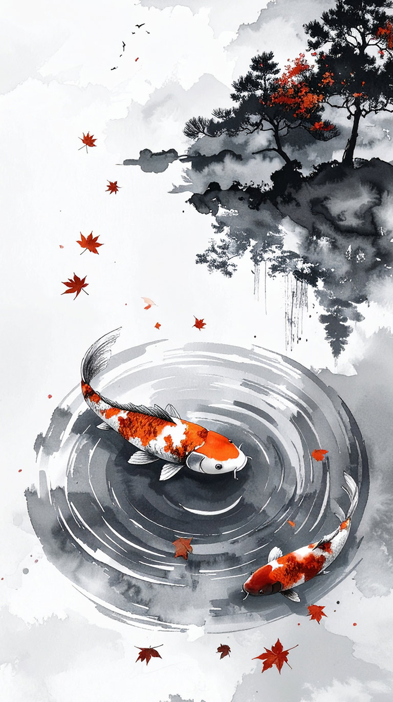 水墨画の技法で描かれた静謐な風景。墨の濃淡で描かれた水面に、二匹の紅白の錦鯉が鮮やかに泳ぎ、上空から舞い落ちる紅葉の葉が秋の情緒を添えている。