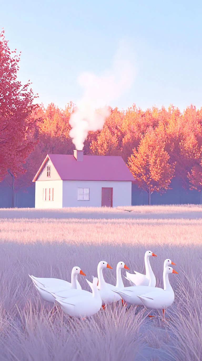 パステル調の柔らかな光の中、秋色に染まった森を背景に、ピンクの屋根のコテージが建っている。前景には、淡い紫色の草原の中を、6羽の白いガチョウが一列になって歩いている。	