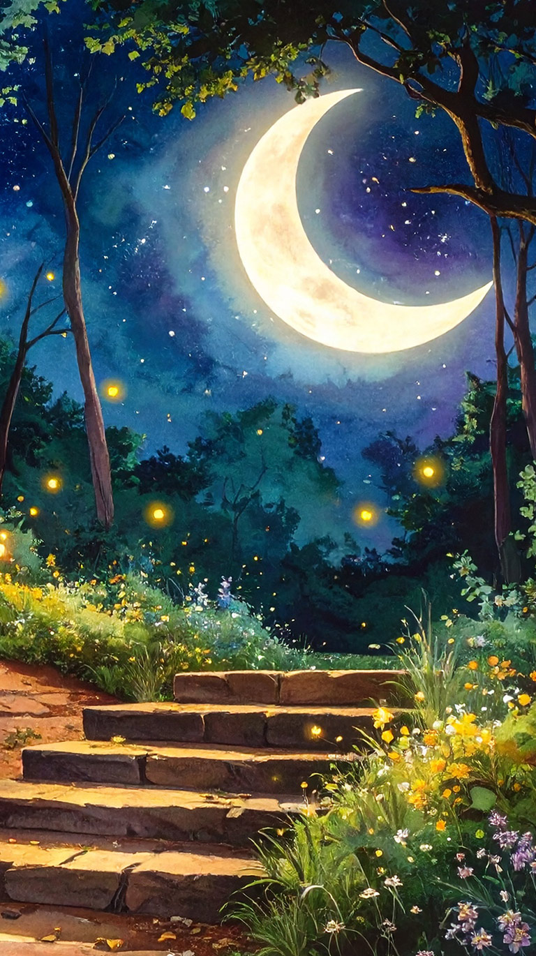 幻想的な夜の森の風景。画面上部には輝く大きな三日月と満天の星空が広がる。前景には石造りの階段があり、その両脇や周辺には鮮やかな緑の草花が茂り、いくつもの蛍のような光が浮かんでいる。	