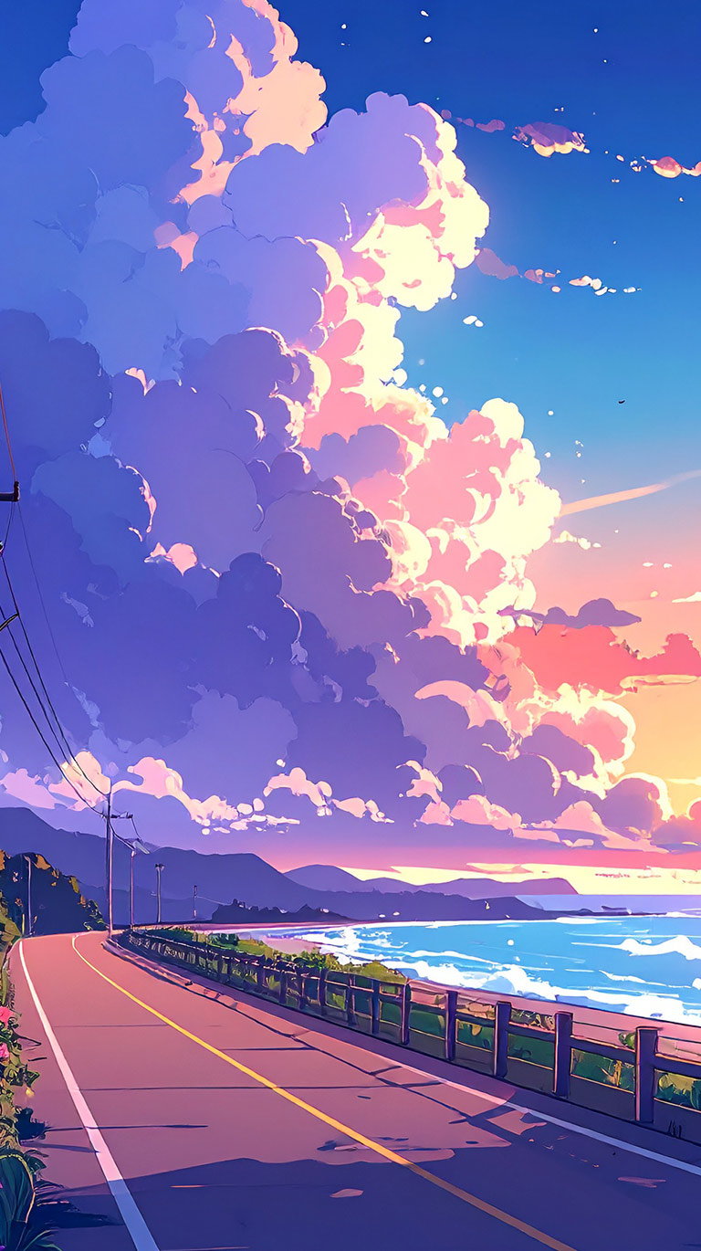 アニメ風の空に巨大な積乱雲が浮かぶ海辺の道。