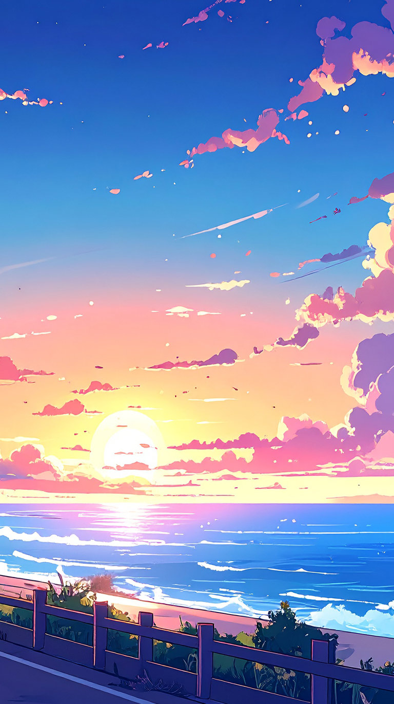 ピンクとオレンジに染まる空と夕日が輝く海辺のアニメ風景。