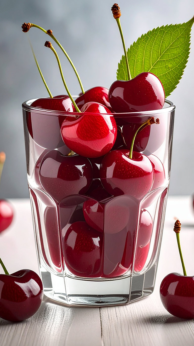 ツヤのある新鮮なサクランボが、透明なグラスに山盛りに。