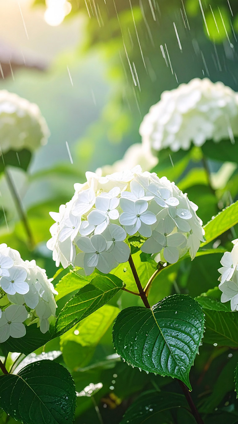 雨と光の中、白いアジサイが鮮やかな緑の葉とともに