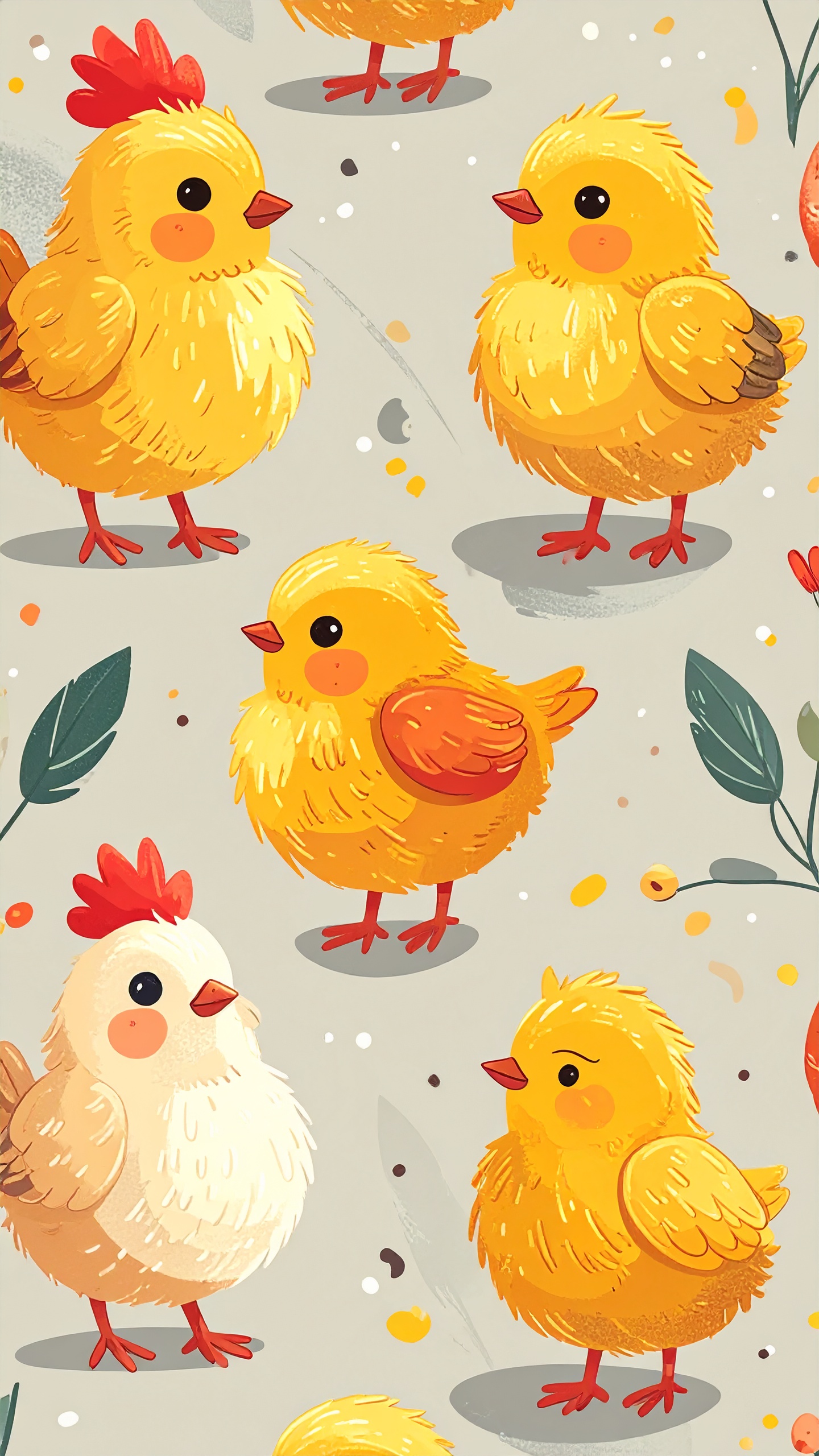 アナログ感のある筆致と柔らかな色彩のひよこ。北欧テキスタイルのような、温かみ溢れるパターンデザイン。