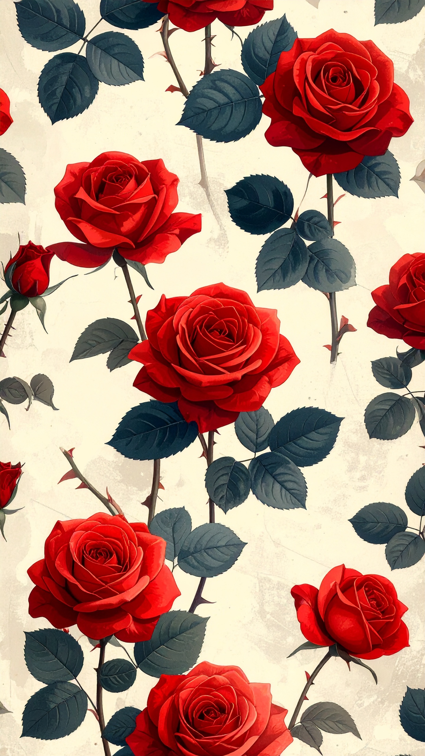 鮮やかな深紅のバラとダークグリーンのコントラスト。古典的な美しさを現代的に昇華したボタニカルデザイン。