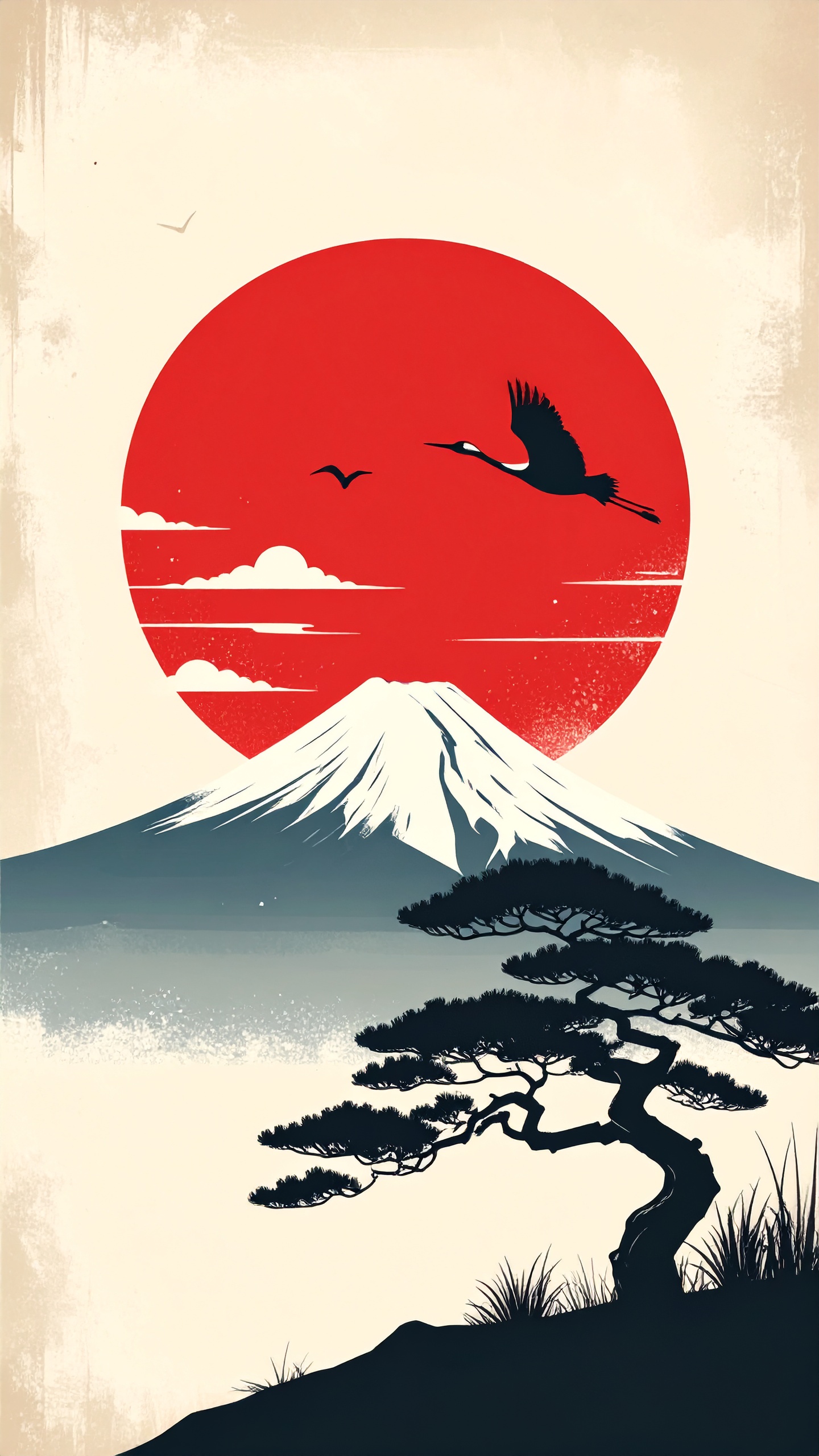 冠雪した富士のシャープなライン。空を舞う鶴の優雅な曲線が、静寂の中にドラマティックな動きを与えます。