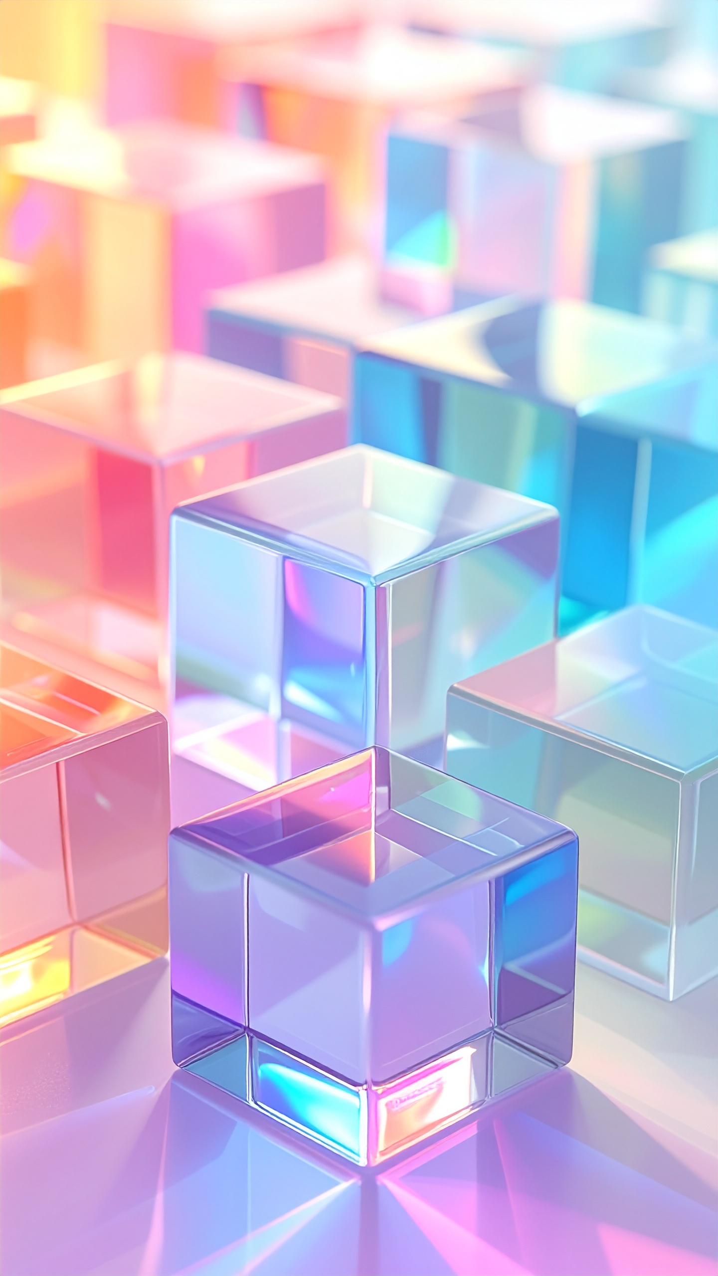 オーロラのように揺らめく光の乱反射。透明なキューブが重なり合い、宝石のような奥行きを生むデザイン。