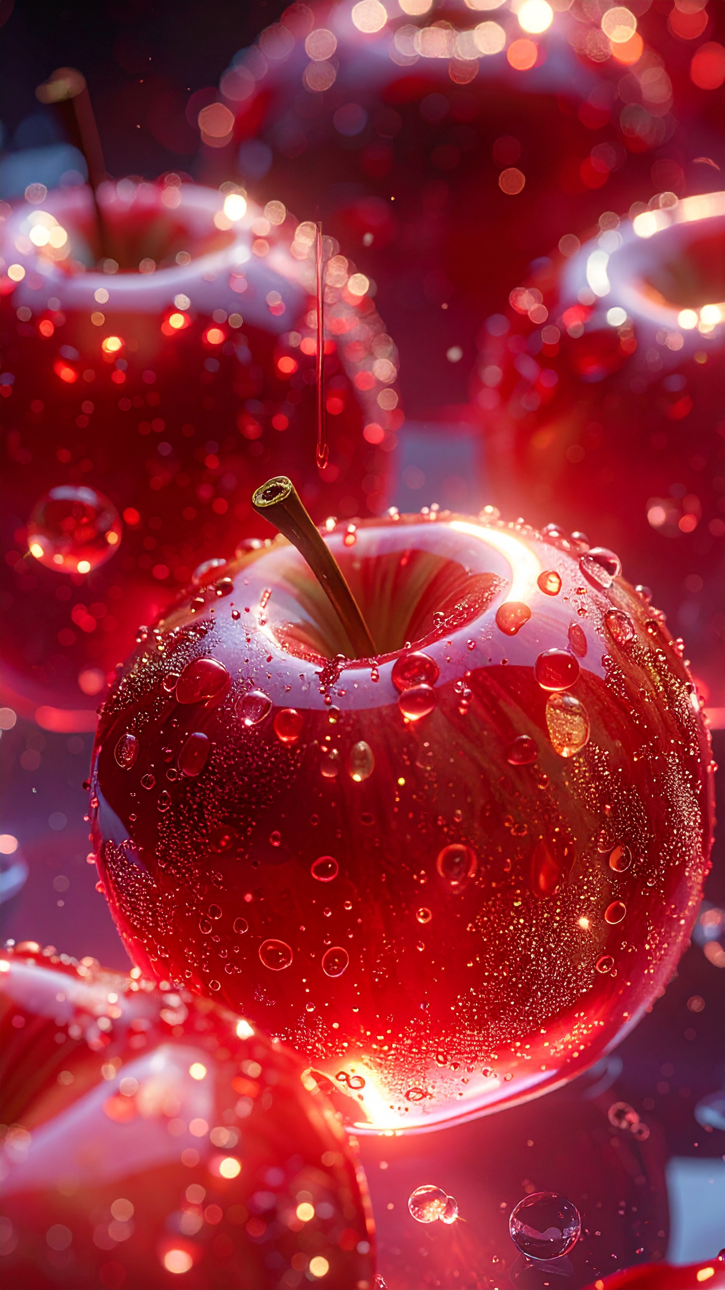 まるで魔法をかけたような、クリスタルの煌めき。背後ににじむ玉ボケが、りんごの美しさを際立たせます。