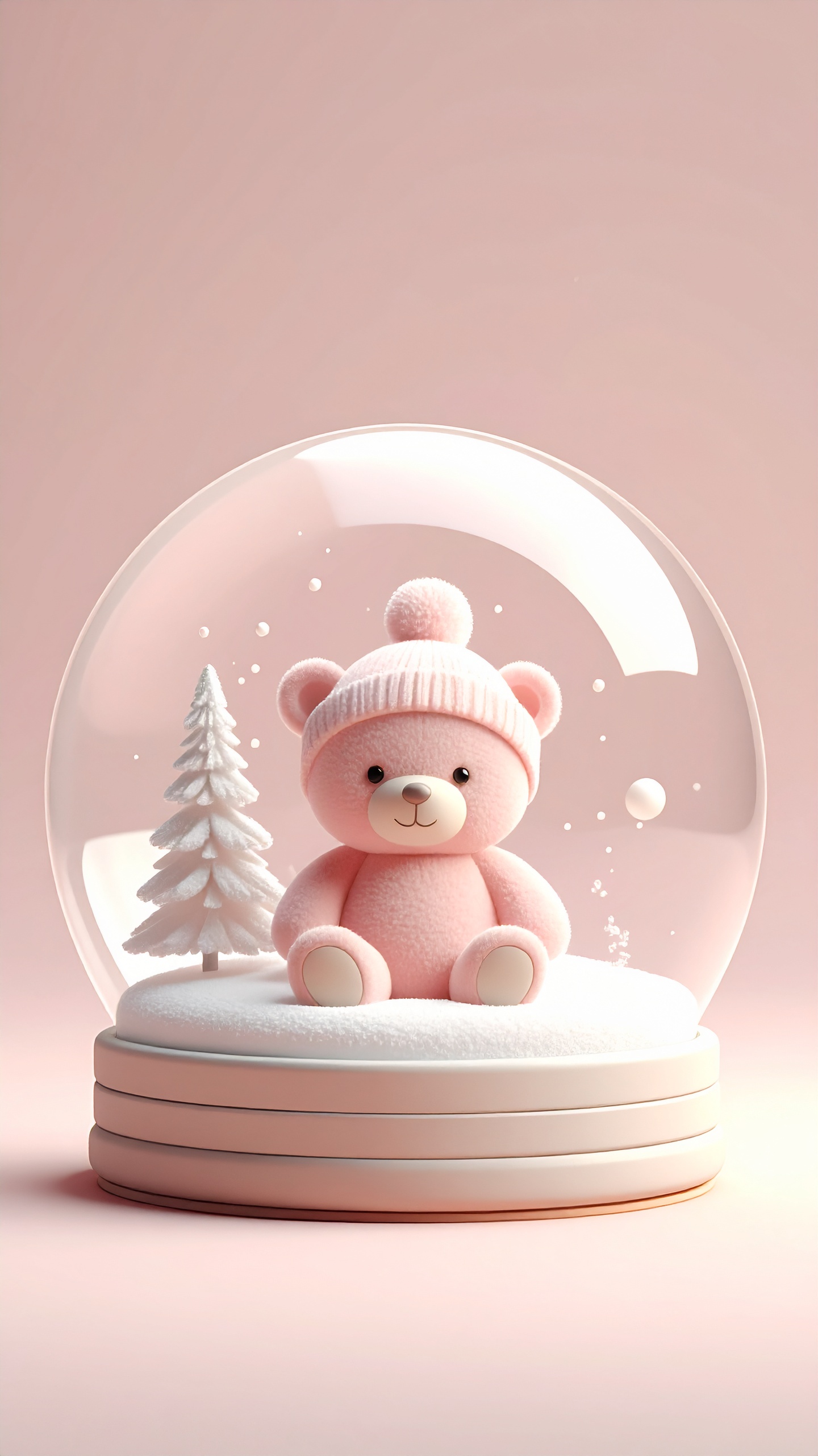 ニット帽を被ったピンクのクマ。柔らかな質感と雪の白が溶け合う、心まで温まるスノードーム・アート。