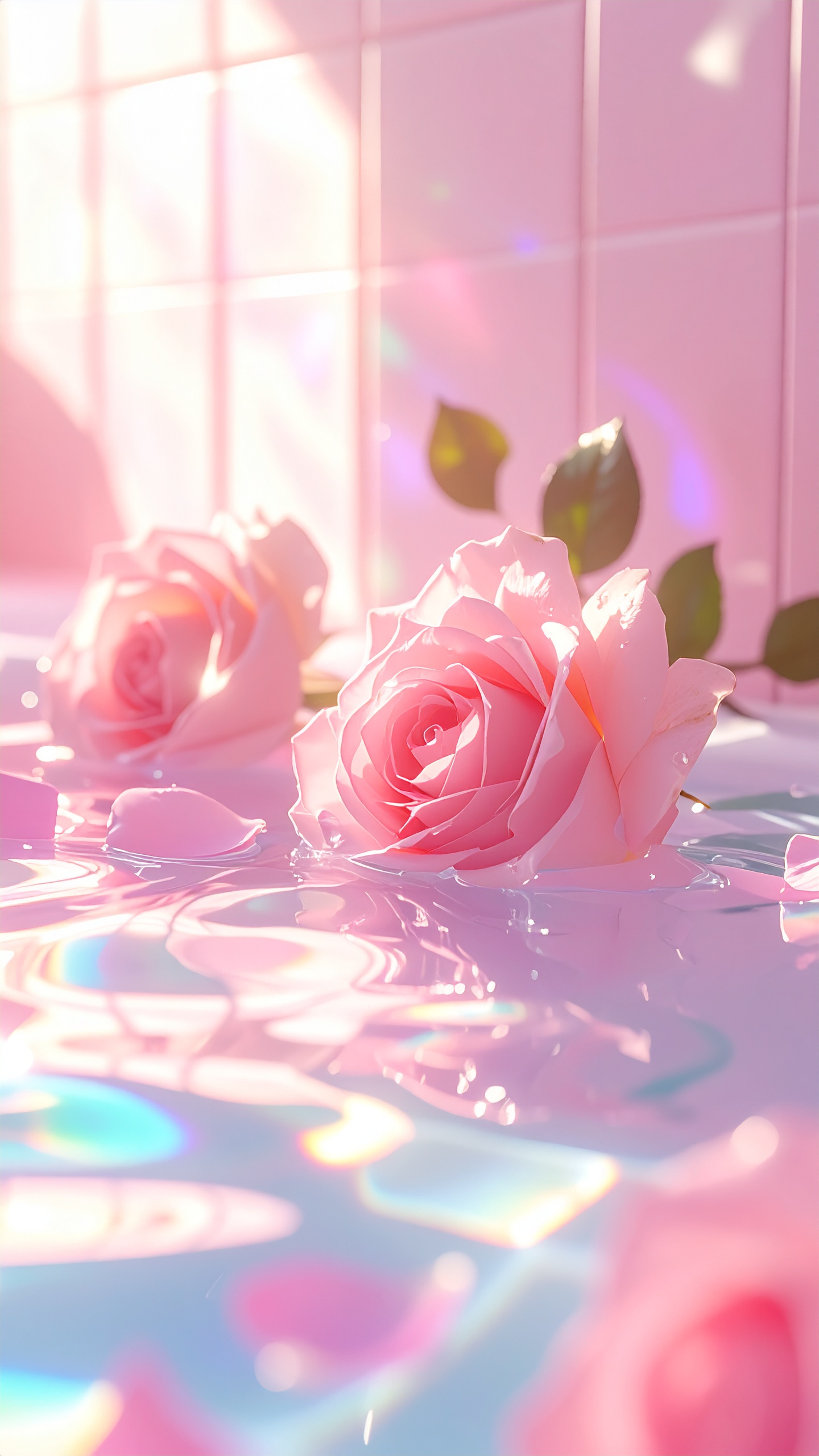 柔らかなピンクのバラが、鏡のような水面で静かに呼吸する。虹色のプリズムが彩る、瑞々しく洗練された一枚。