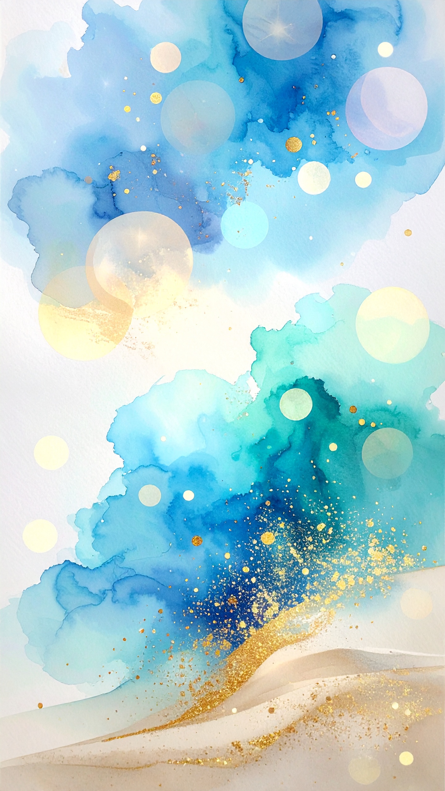 幾重にも重なるブルーの滲みが、穏やかな波のように広がる。散りばめられた金箔が、画面に上品な華やぎを添える。