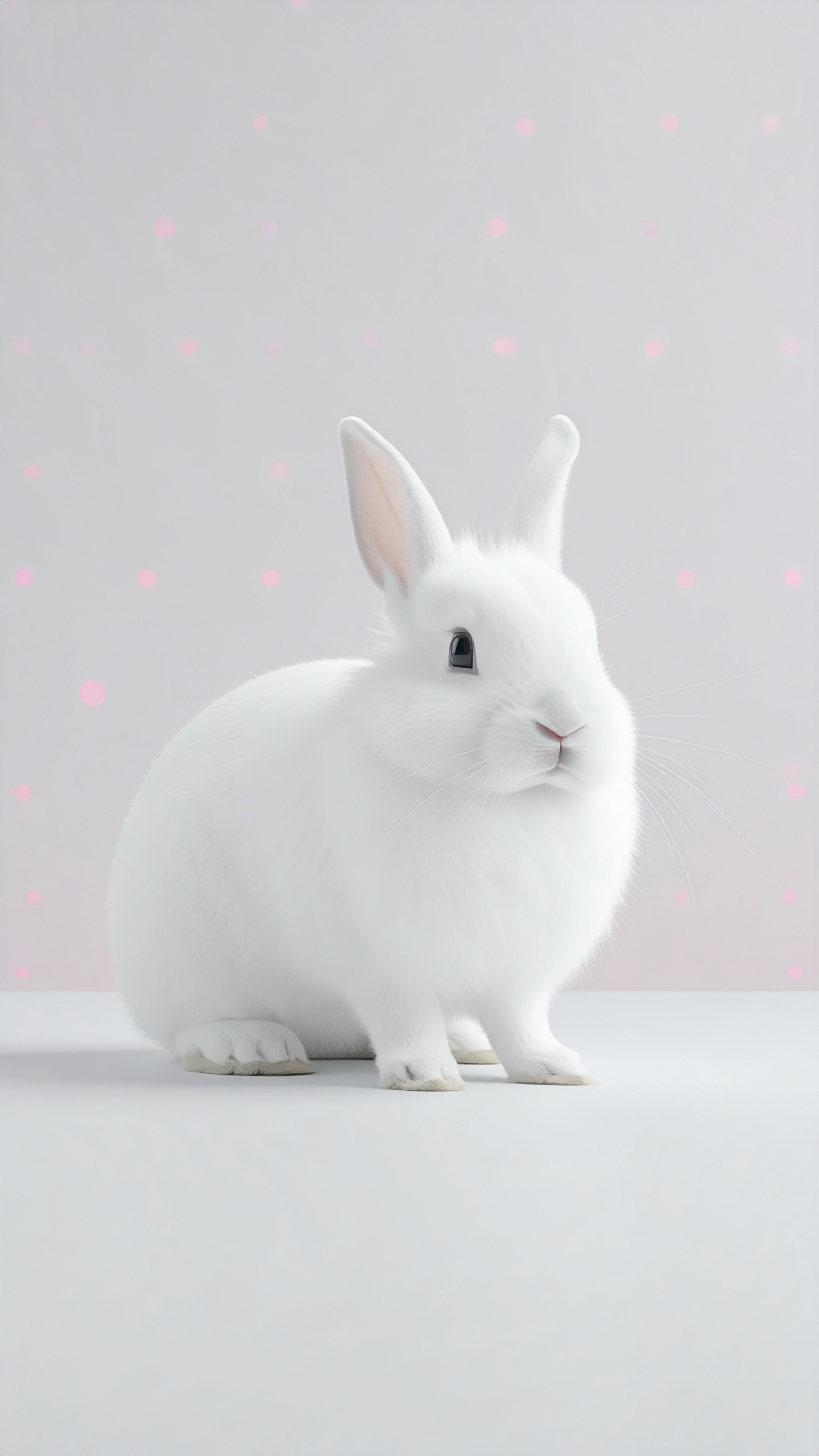 触れたくなるような、きめ細かな白い毛並み。静かに佇むウサギの肖像。