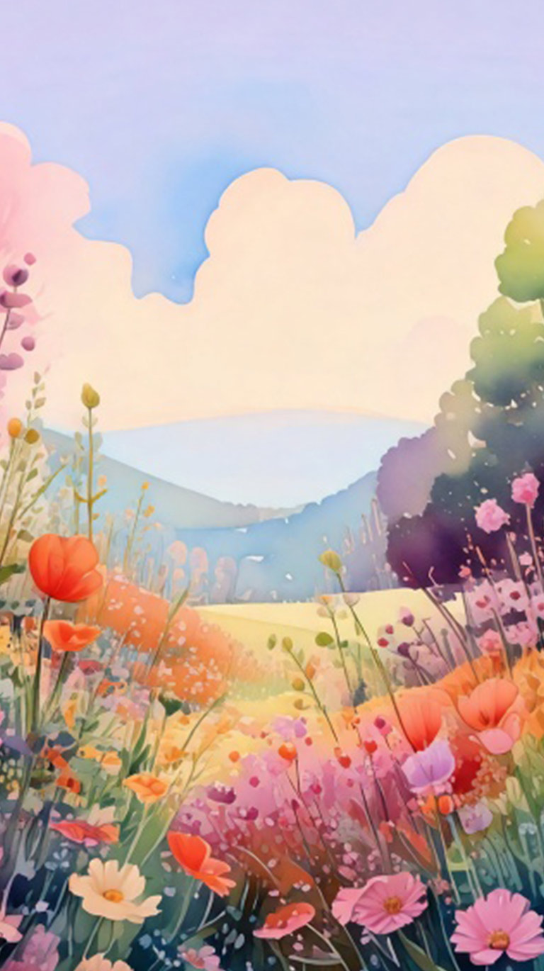 水彩画風のカラフルな花畑。奥には丘や雲が見える春の風景。