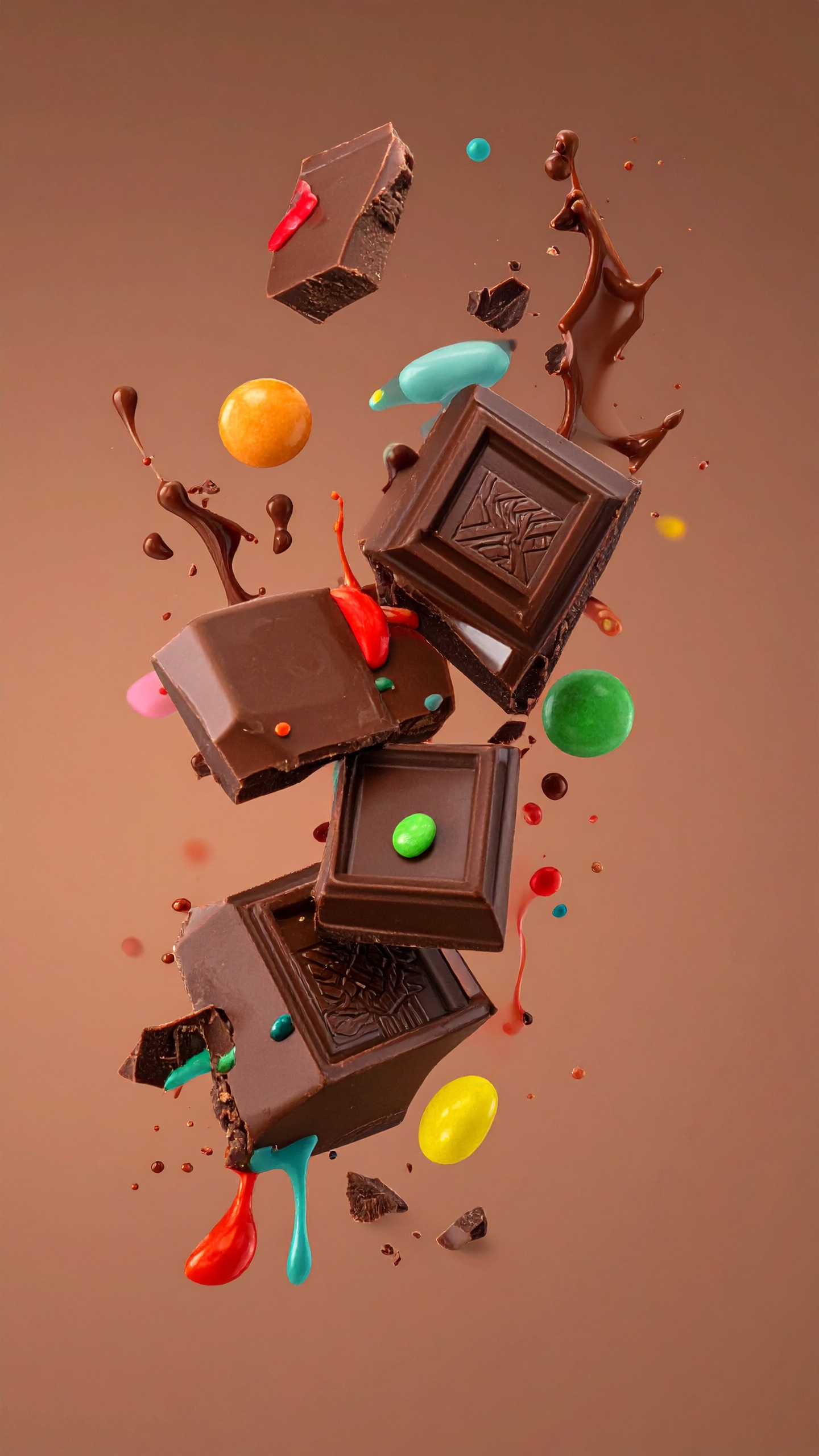 甘い香りが広がるような、臨場感溢れるビジュアル。ポップなカラーとダークなチョコの対比が目を引く意匠。