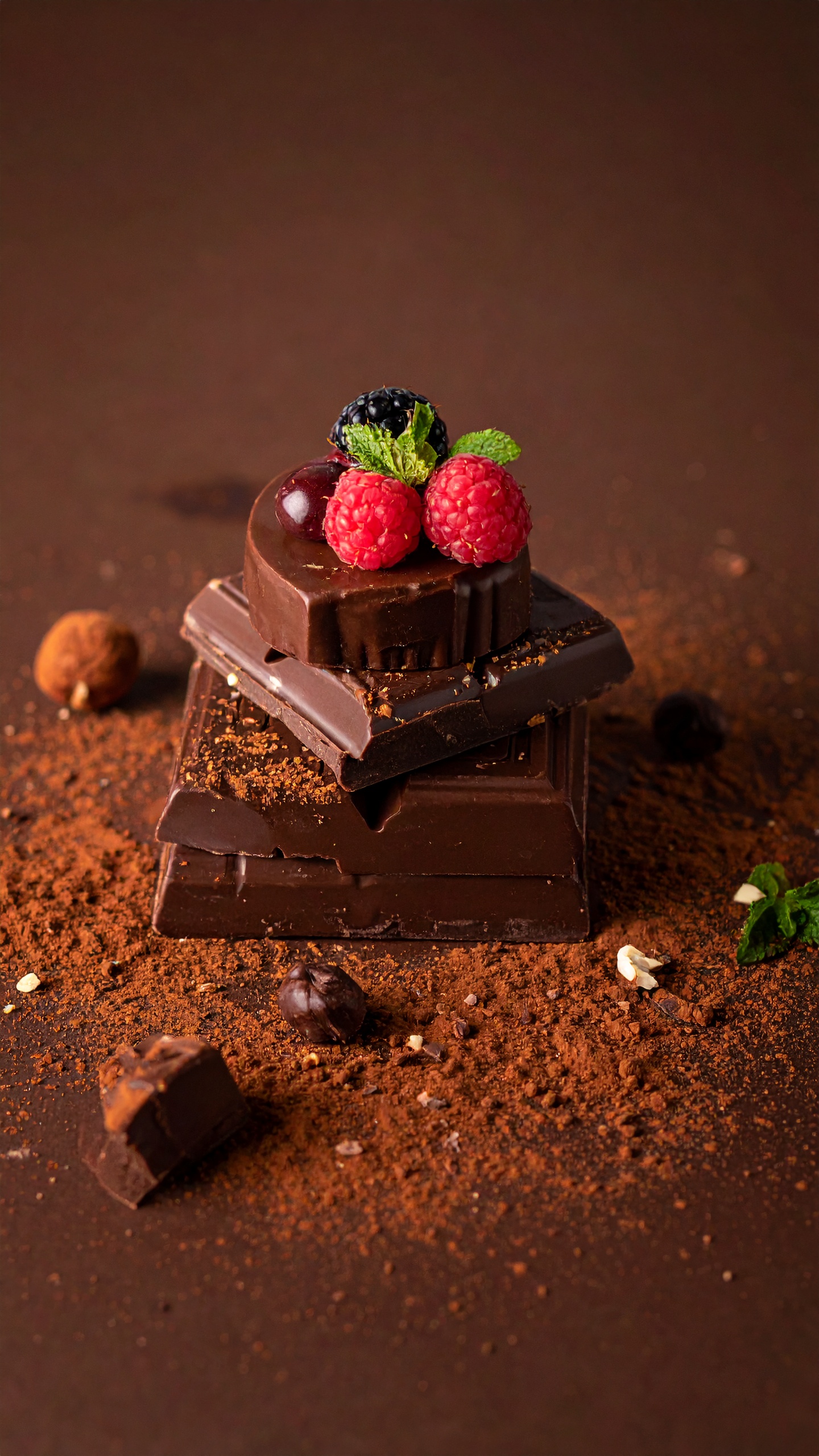 深みのあるダークチョコレートに、宝石のようなラズベリーを添えて。カカオパウダーが描く、上質な静寂。