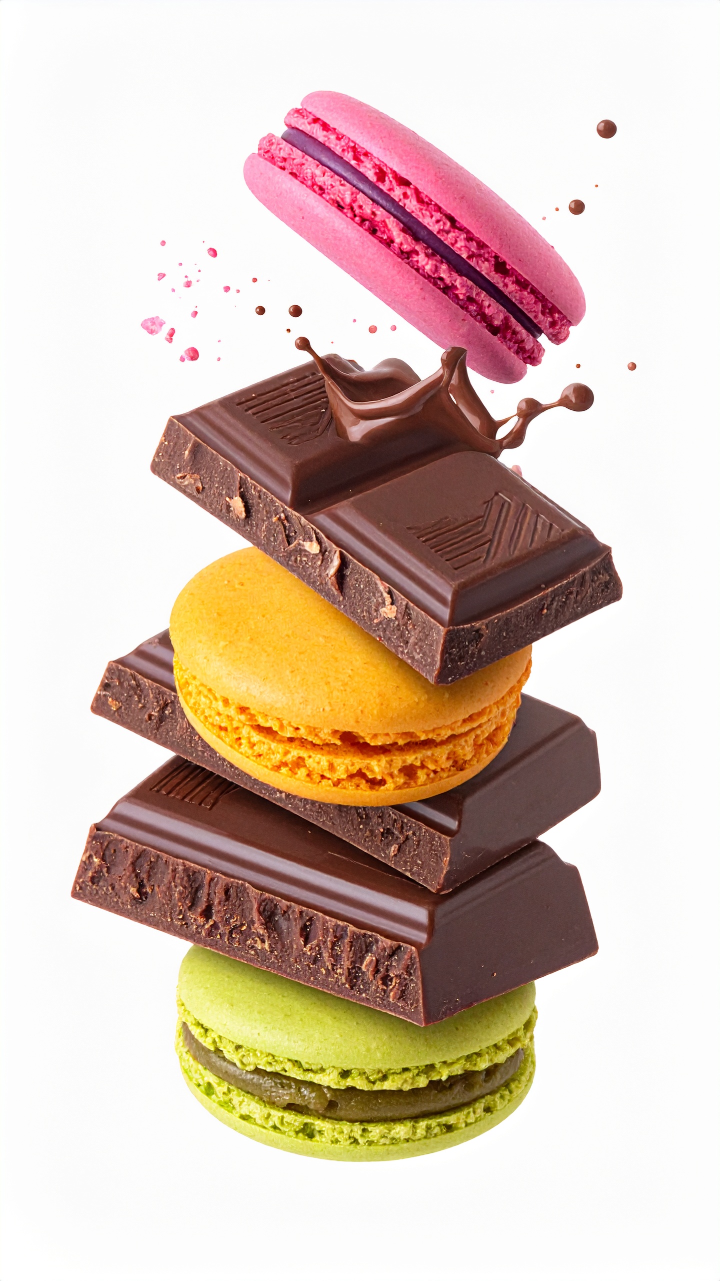 ピンク、オレンジ、グリーンのマカロンと、弾けるチョコレート。無重力空間で踊るような、遊び心溢れるビジュアル。