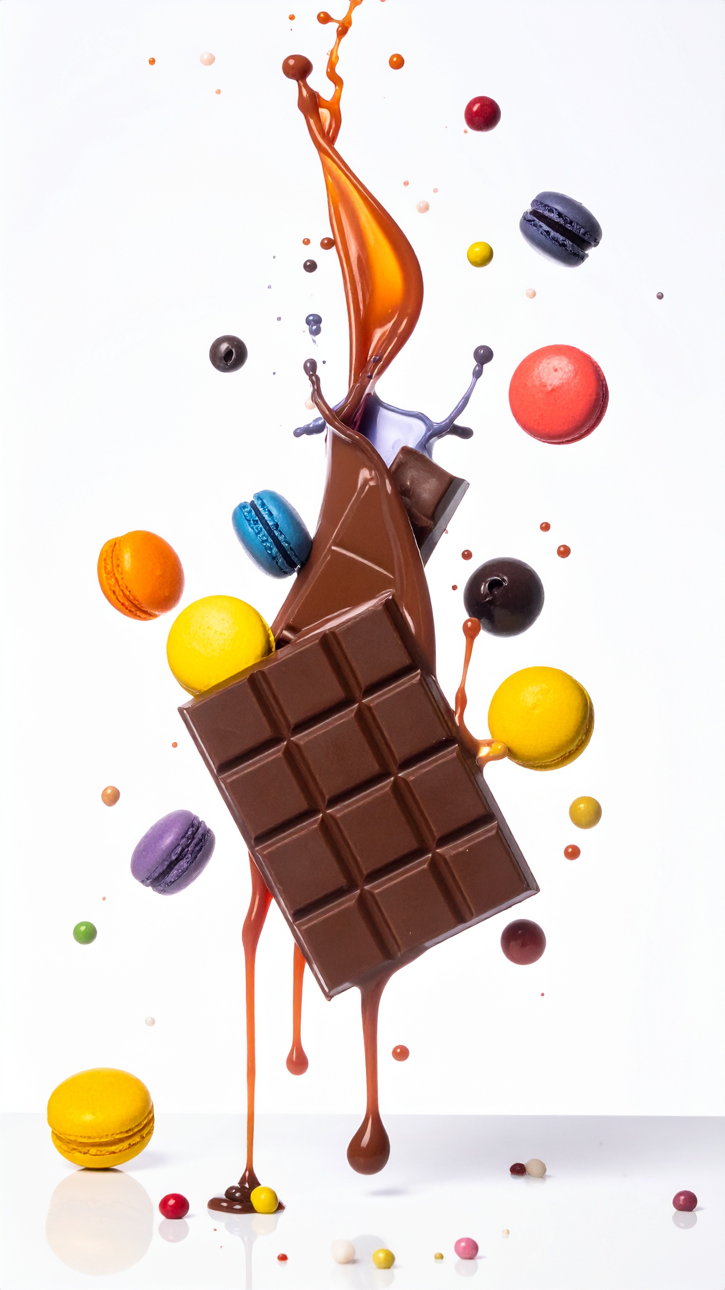 白背景に映えるビビッドな色使い。重力を無視して飛び散るスイーツたちが、画面いっぱいに元気を届ける