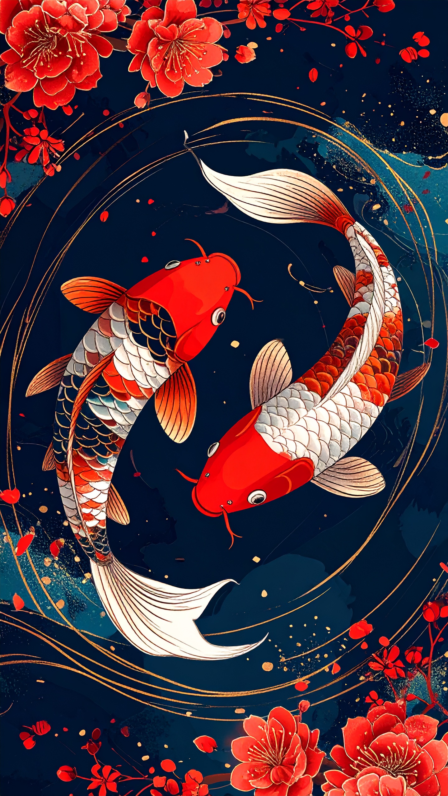 深い紺色の水面に映える、鮮烈な赤と金の輝き。円を描いて泳ぐ錦鯉が、空間に調和と繁栄をもたらす意匠。