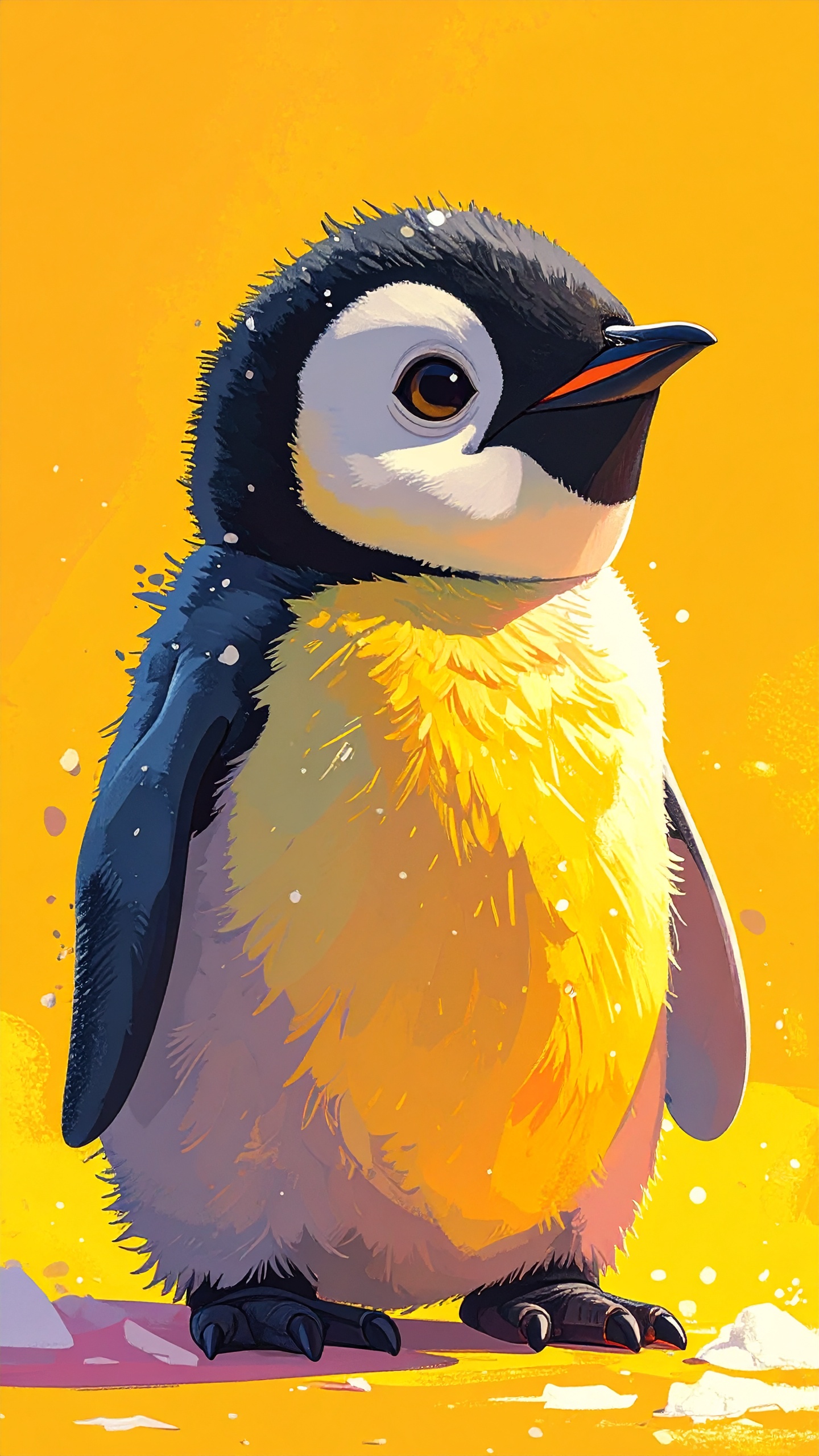 目の覚めるようなイエローの背景に立つ、勇敢なペンギンの赤ちゃん。力強い色彩が、生命の輝きを鮮烈に描出。