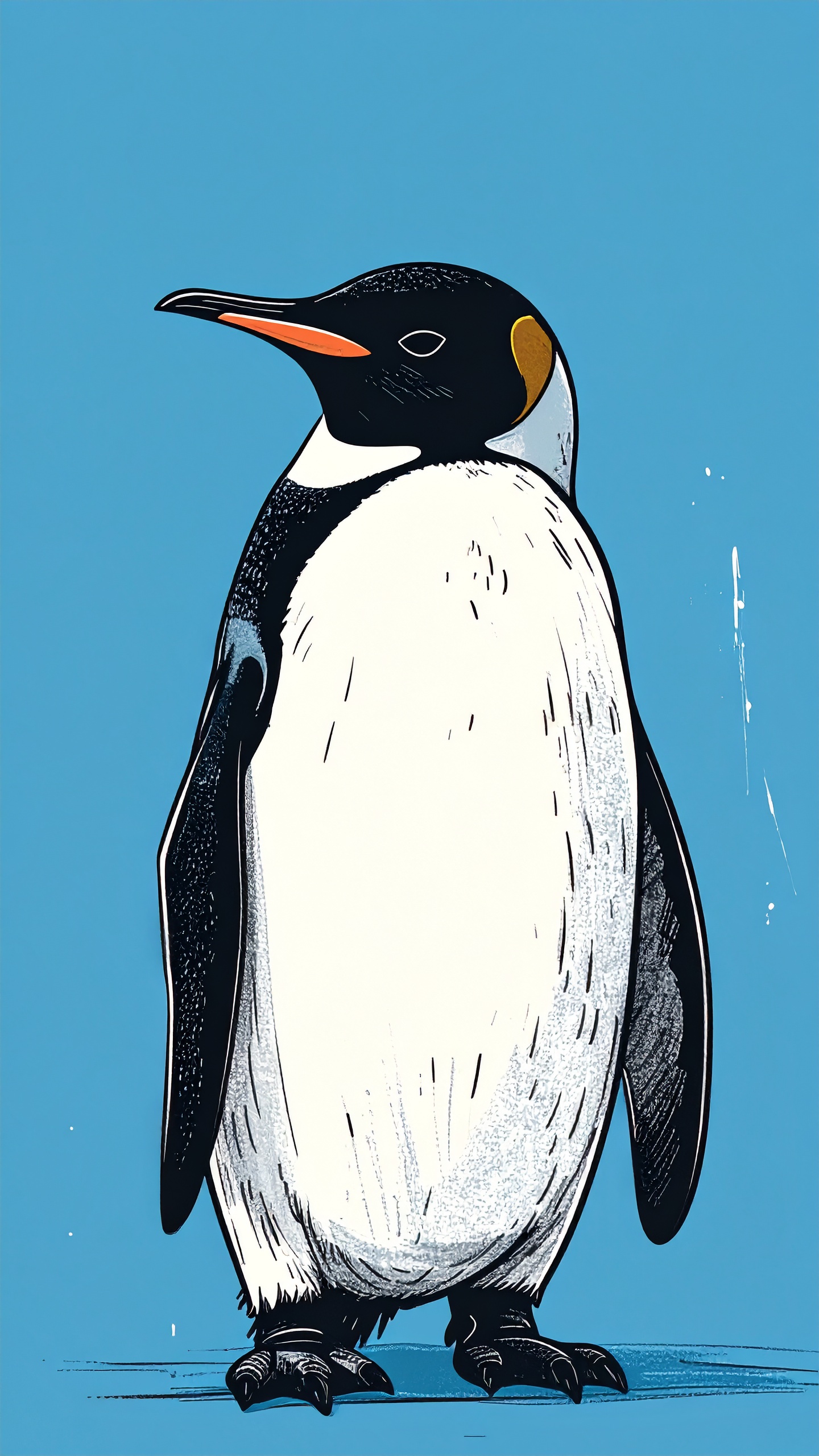 澄み渡るブルーを背に、凛と前を見据えるコウテイペンギン。版画のような繊細なテクスチャが、野生の気高さを引き立てる。