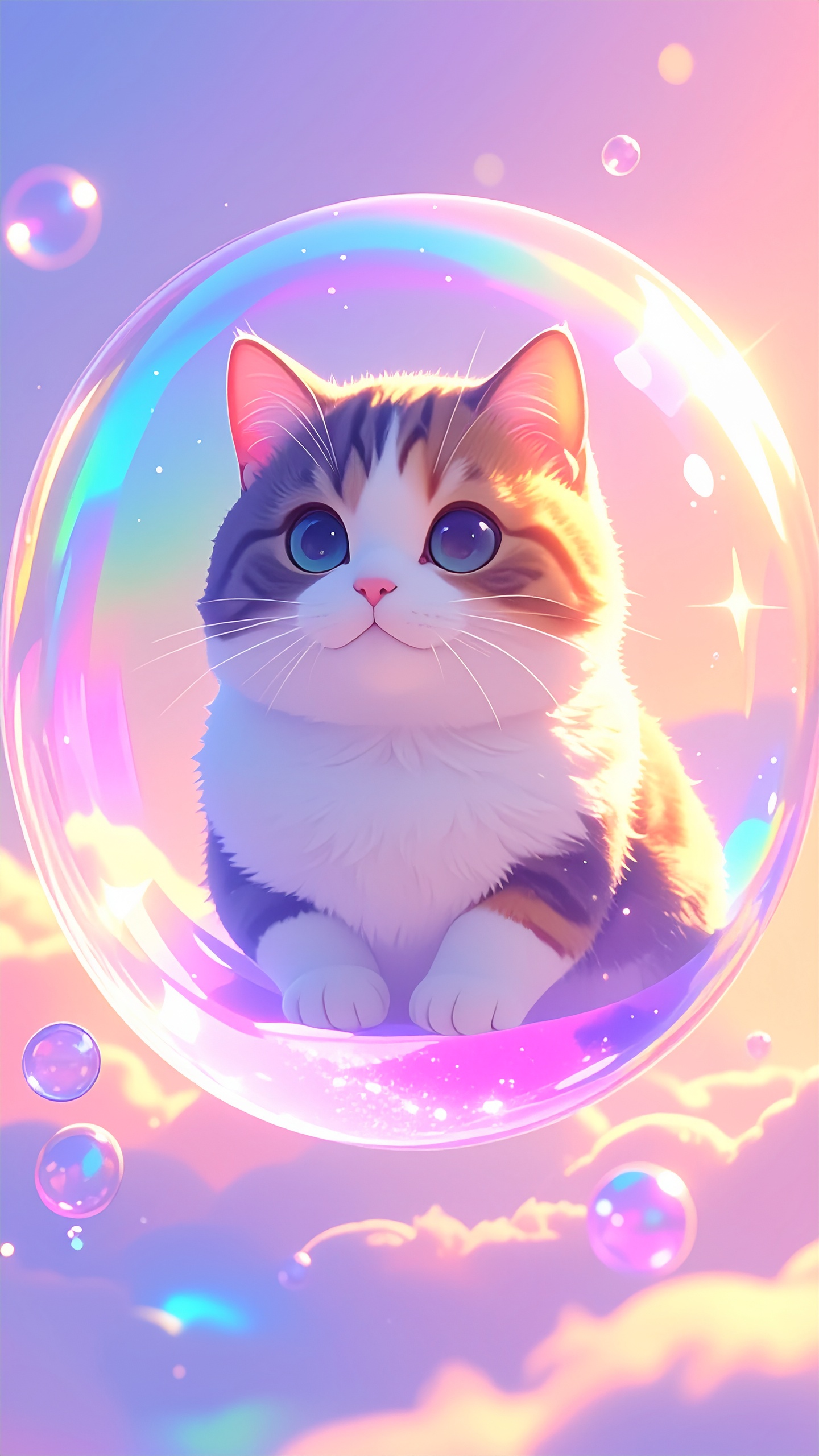 虹色に輝く大きなシャボン玉に揺られて。パステルカラーの夕焼け空を旅する、あどけない子猫の幻想的な肖像。