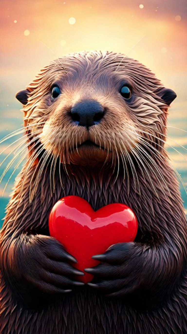カワウソが赤いハートを抱える、愛らしい表情のクローズアップ。