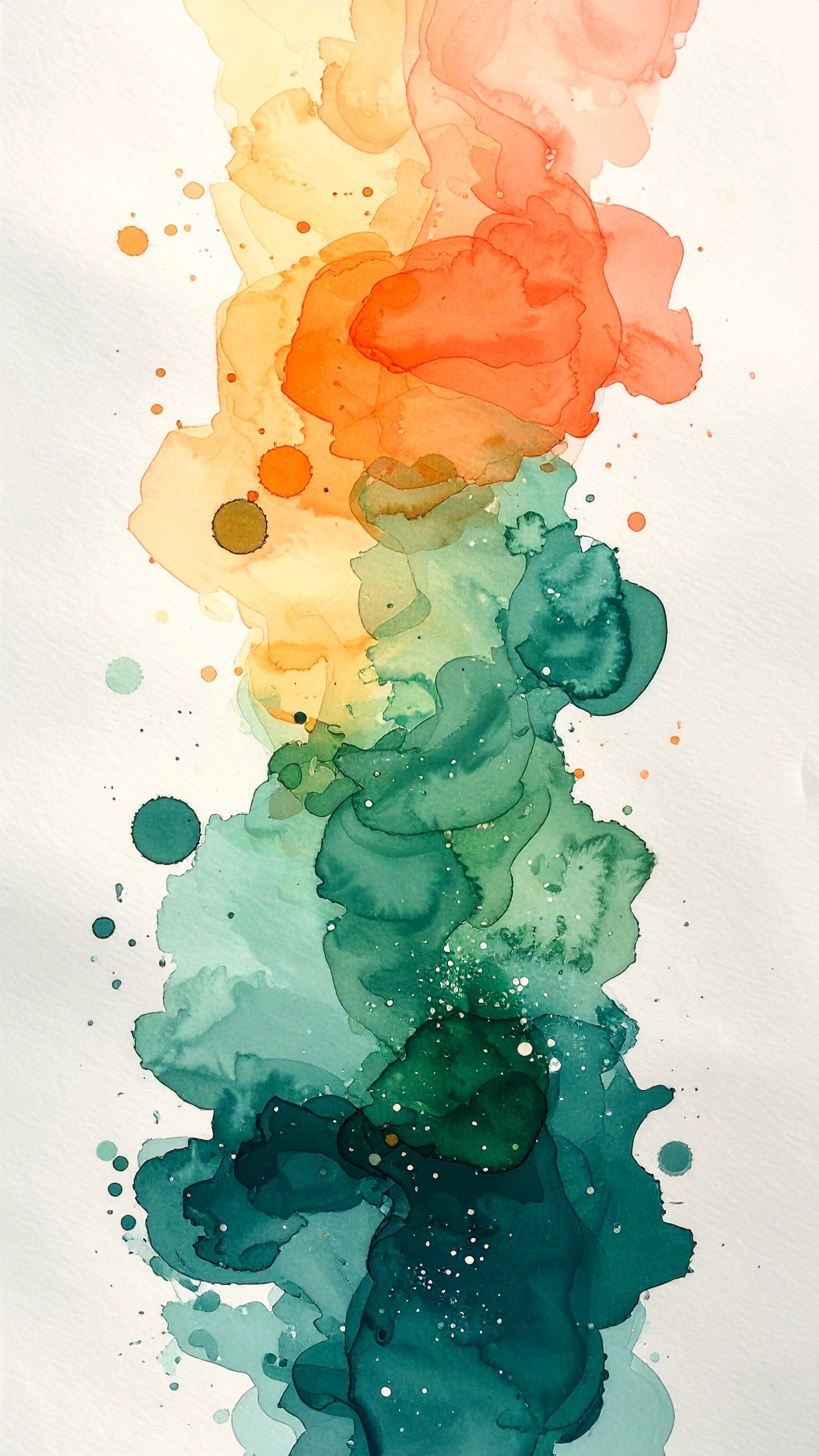 鮮やかなオレンジから深いエメラルドへ。水面にインクを落としたような、美しく瑞々しい滲みの芸術