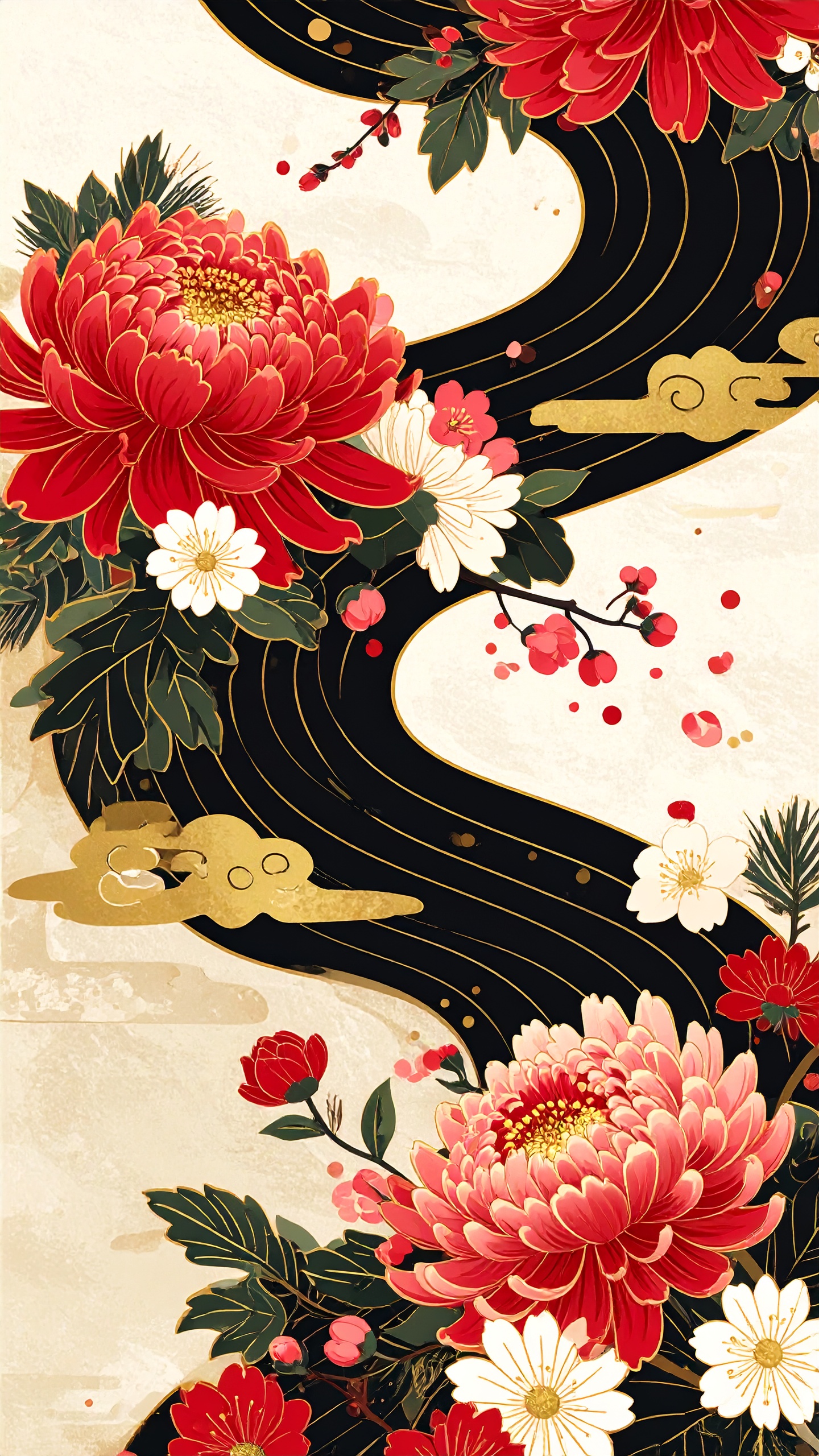 漆黒の流水を背景に、大輪の赤い菊が力強く咲き誇る。伝統的な和のモチーフを大胆に再構築した豪華な意匠。