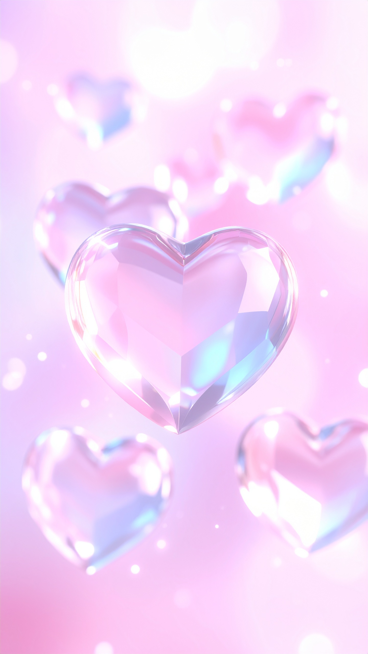 光を透かして虹色に輝く、クリスタルカットのハート。柔らかなピンクの光に包まれた、幻想的なポートレート。