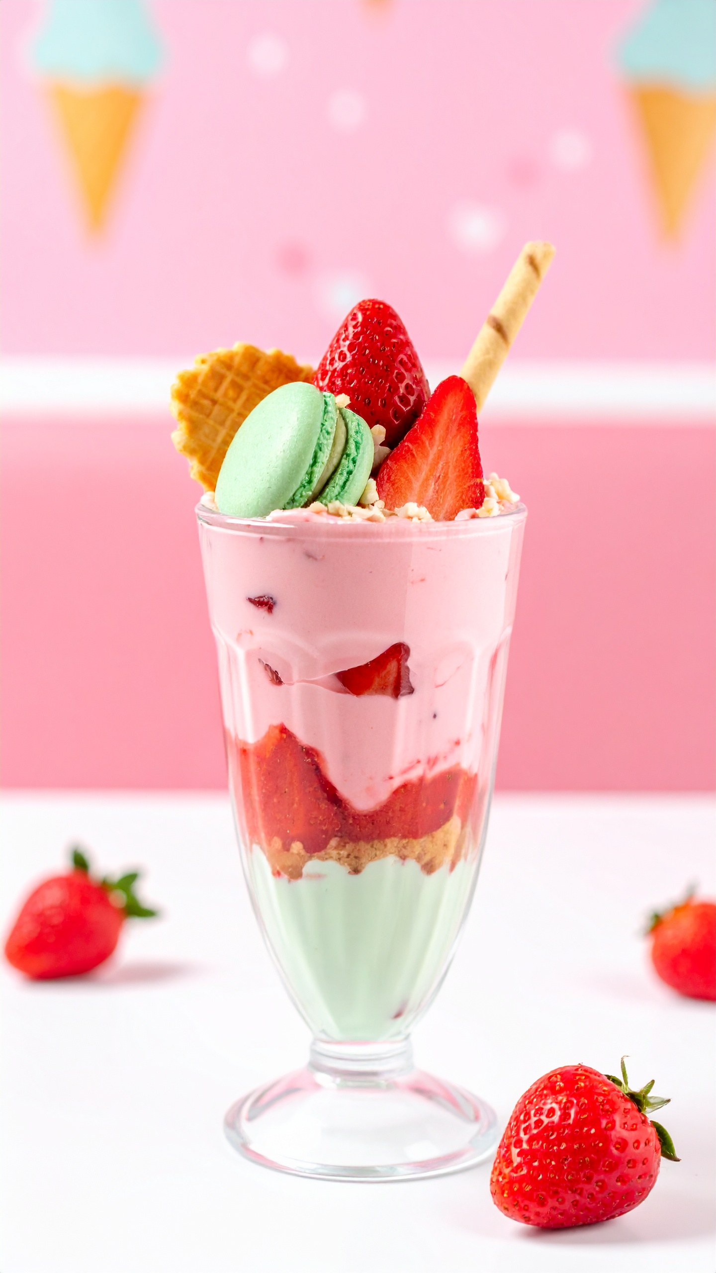 真っ赤なイチゴとミントグリーンのマカロン。何層にも重なるクリームが、甘く贅沢なひとときを演出。