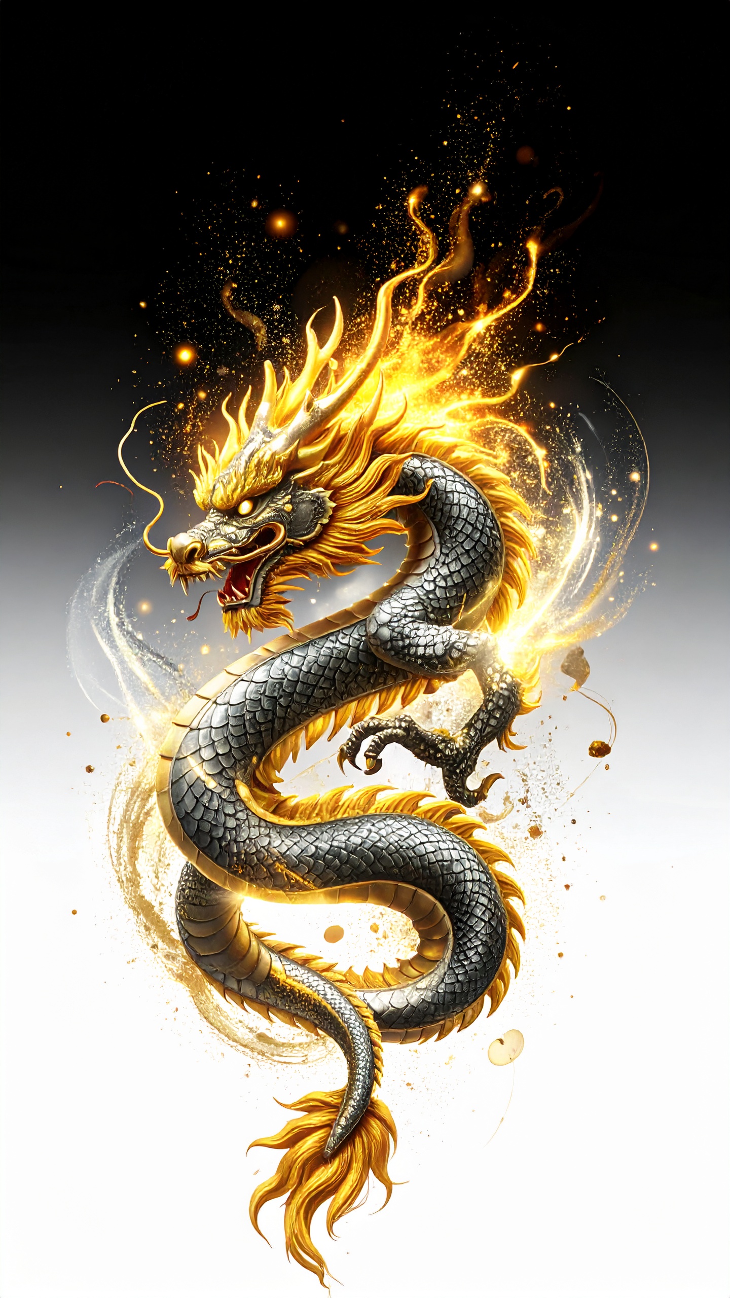 黒銀の鱗を硬質に光らせ、黄金の炎を噴き上げる龍。闇から光へと昇る、息を呑むような迫力の造形美。