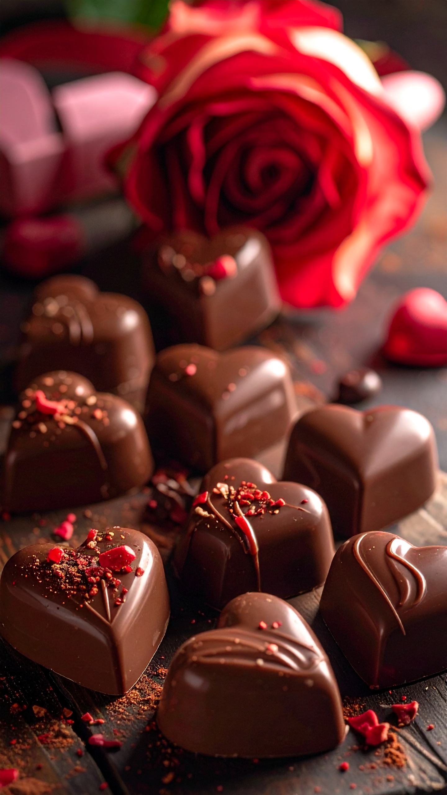 艶やかなチョコレートの質感と、情熱的なバラの赤。クラシックで気品溢れる、究極のロマンティック・アート。