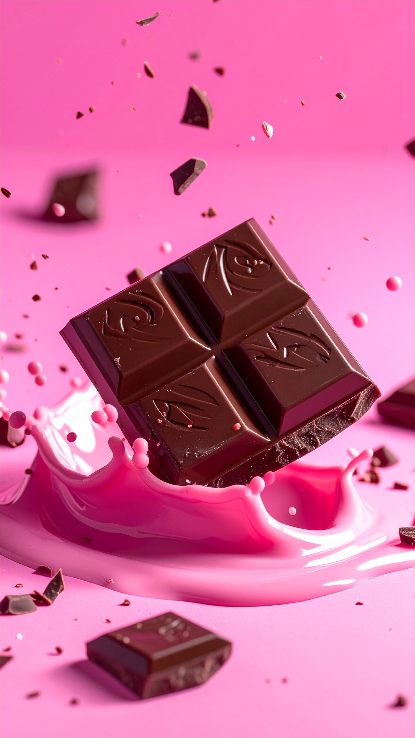 鮮やかなピンクのミルクが王冠のように跳ねる。チョコレートが飛び込んだ瞬間の、最高にエキサイティングな造形。