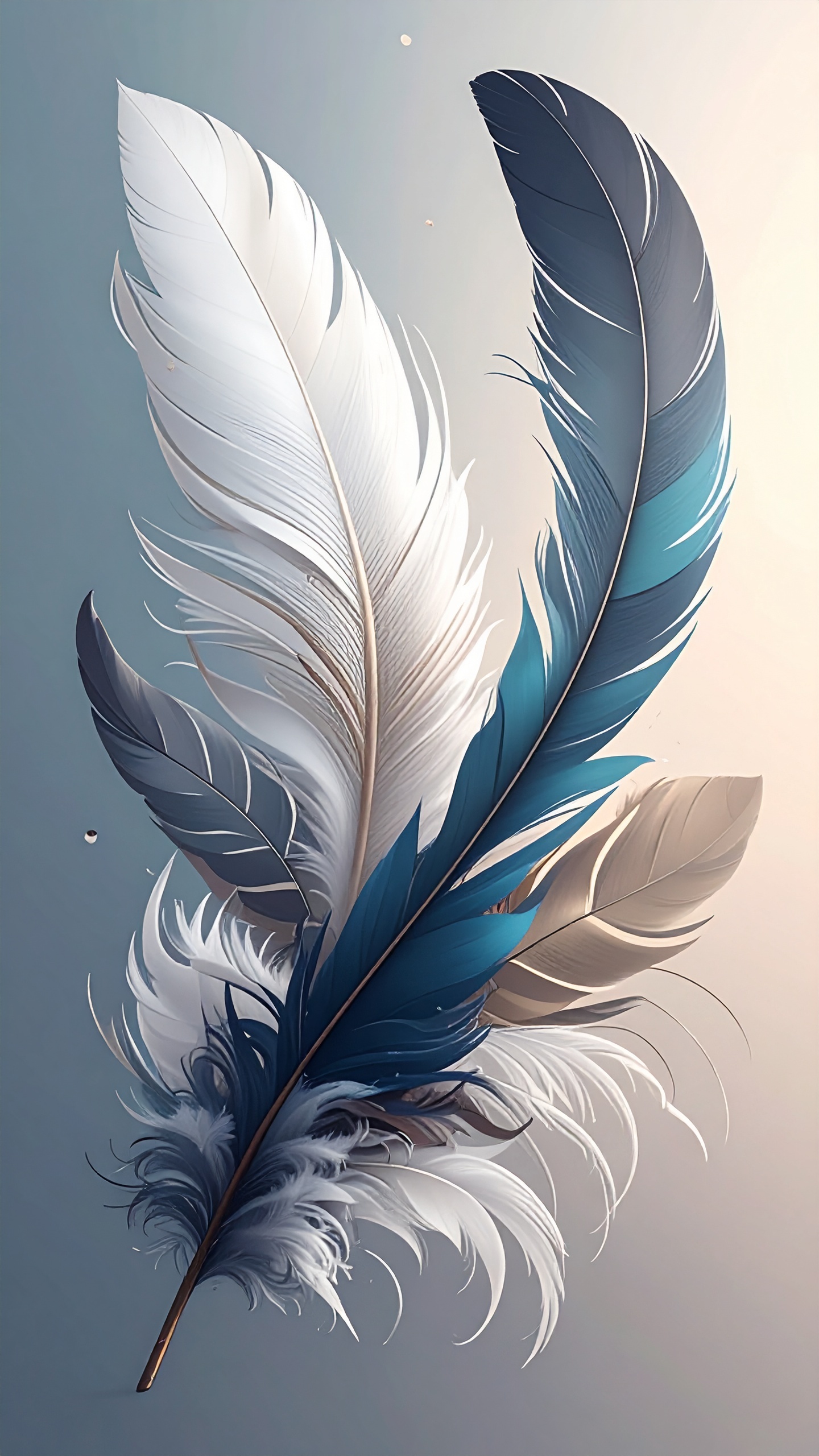 淡いブルーと純白の大きな羽が美しく重なり合うデザイン。一本一本の細かな毛先まで丁寧に描かれた質感が、画面に柔らかな空気感をもたらします。