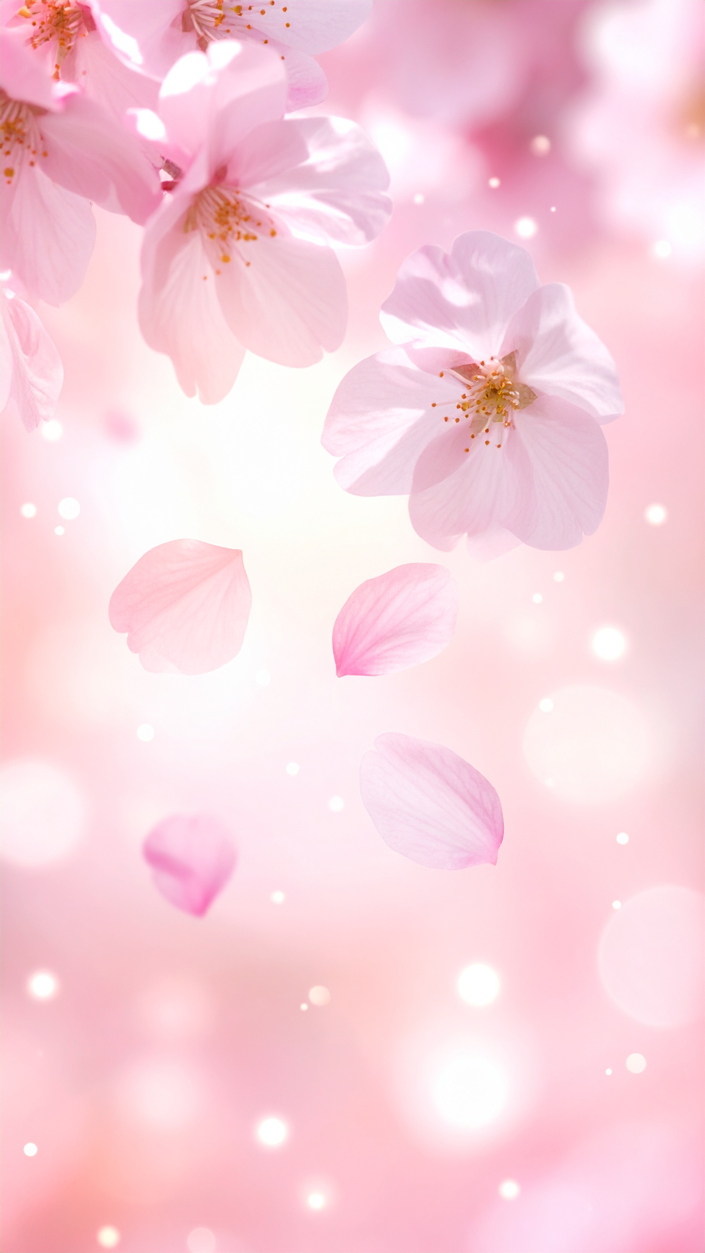 淡いピンク色の桜の花と、風にのってひらひらと舞い落ちる花びらを描いたデザイン。柔らかな光が差し込む背景が、春の穏やかな空気感を演出しています。