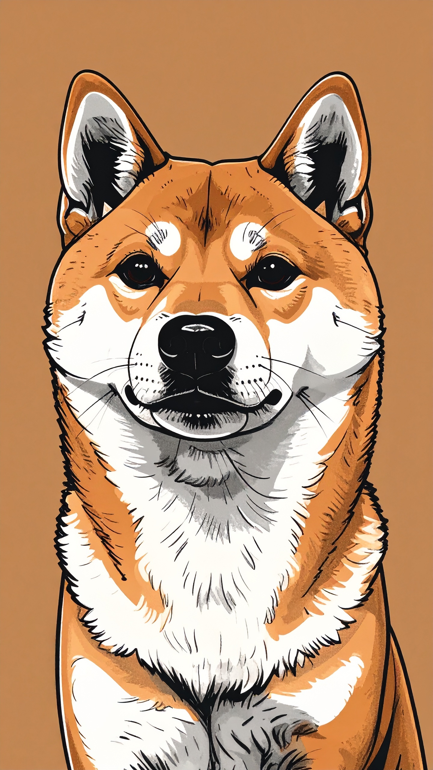こちらを向いてニッコリと微笑む柴犬の肖像。力強い黒い輪郭線と、柴犬特有の白と茶色の毛並みを大胆なブロックカラーで表現したポップアートです。