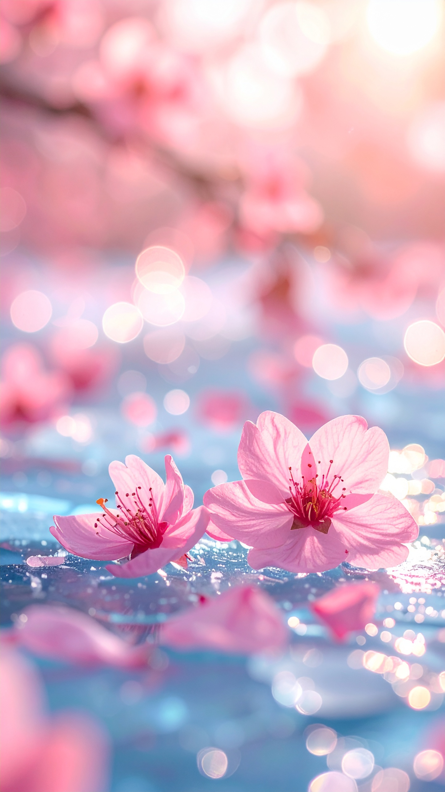 澄み切った青い水面に、寄り添うように浮かぶ二輪の桜の花。周囲には舞い落ちた花びらが広がり、春の穏やかな水辺の情景を鮮やかに描き出しています。