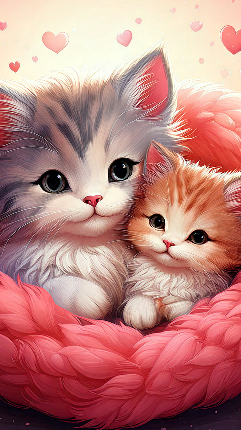ふわふわの子猫2匹がハートに囲まれて愛らしく寄り添う。