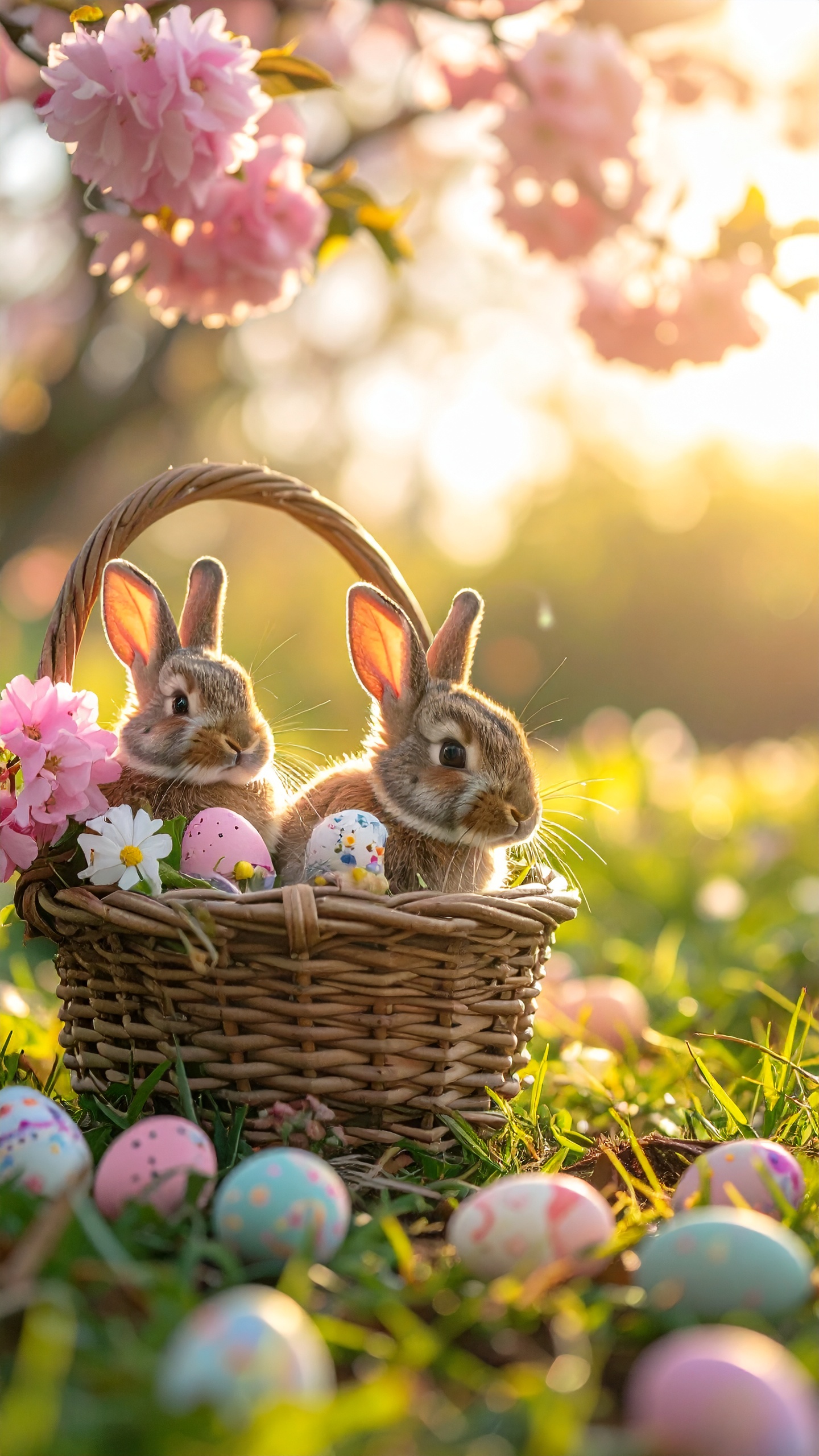 藤編みのバスケットの中から顔を覗かせる、2匹の愛らしい子うさぎ。周囲には色とりどりのイースターエッグが散りばめられ、満開の桜が春の訪れを祝うような華やかなデザインです。
