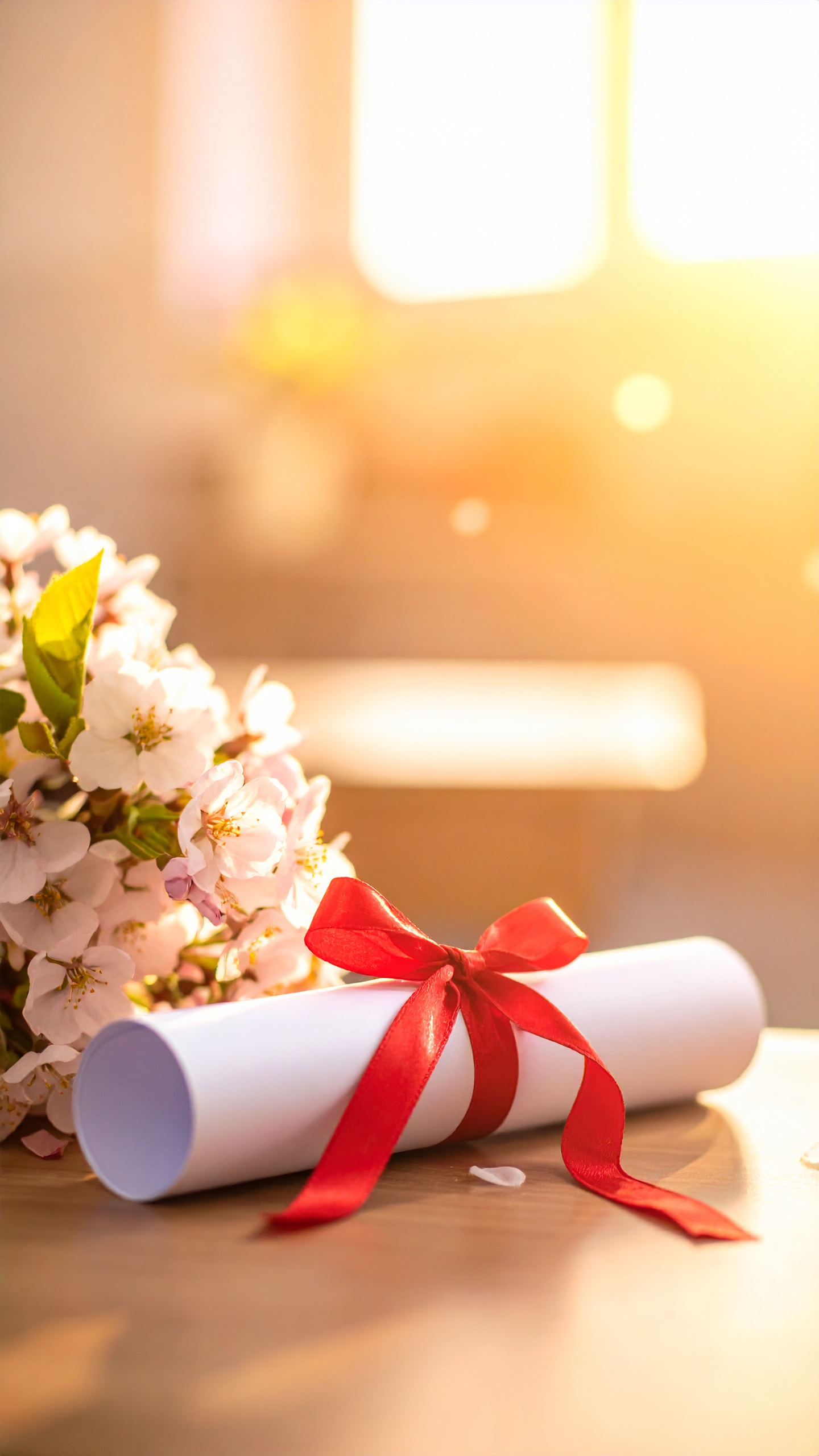 鮮やかな赤いリボンで結ばれた白い卒業証書。傍らに添えられた満開の桜の花が、これまでの努力を称え、新しい世界への門出を優しく祝福しているようなデザインです。