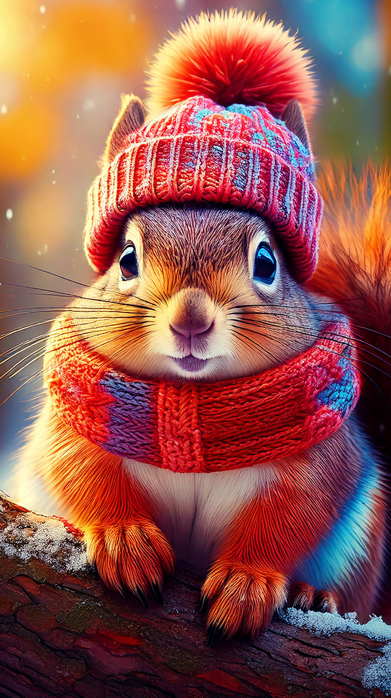 ニット帽とマフラーを巻いた愛らしいリスの冬のクローズアップ。