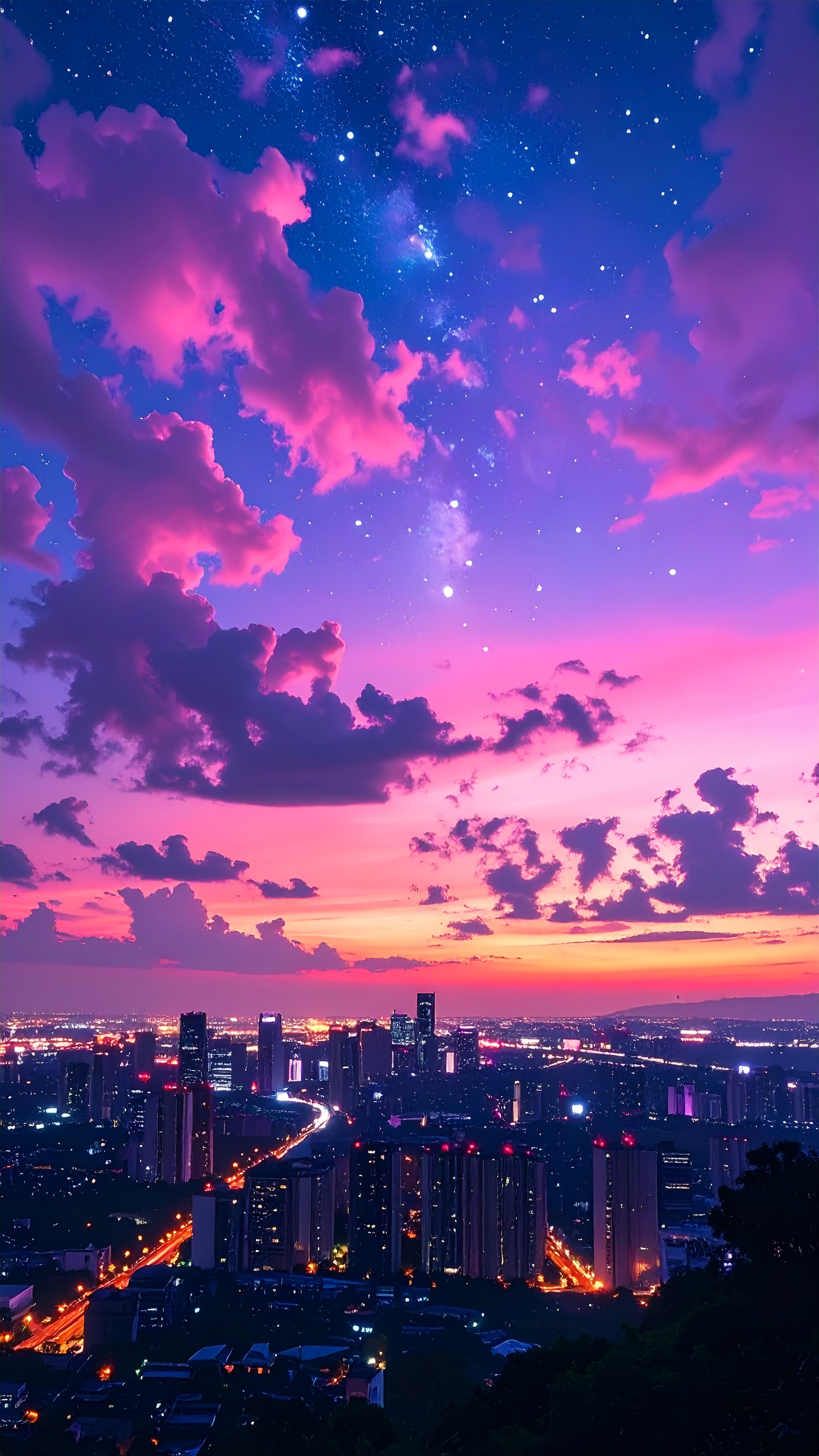 まばゆい街の灯りが広がる都会の夜景の上に、鮮やかなピンク色に染まった雲と満天の星空が広がる幻想的な風景。地上の賑わいと宇宙の静寂が共演する、ドラマチックなデザインです