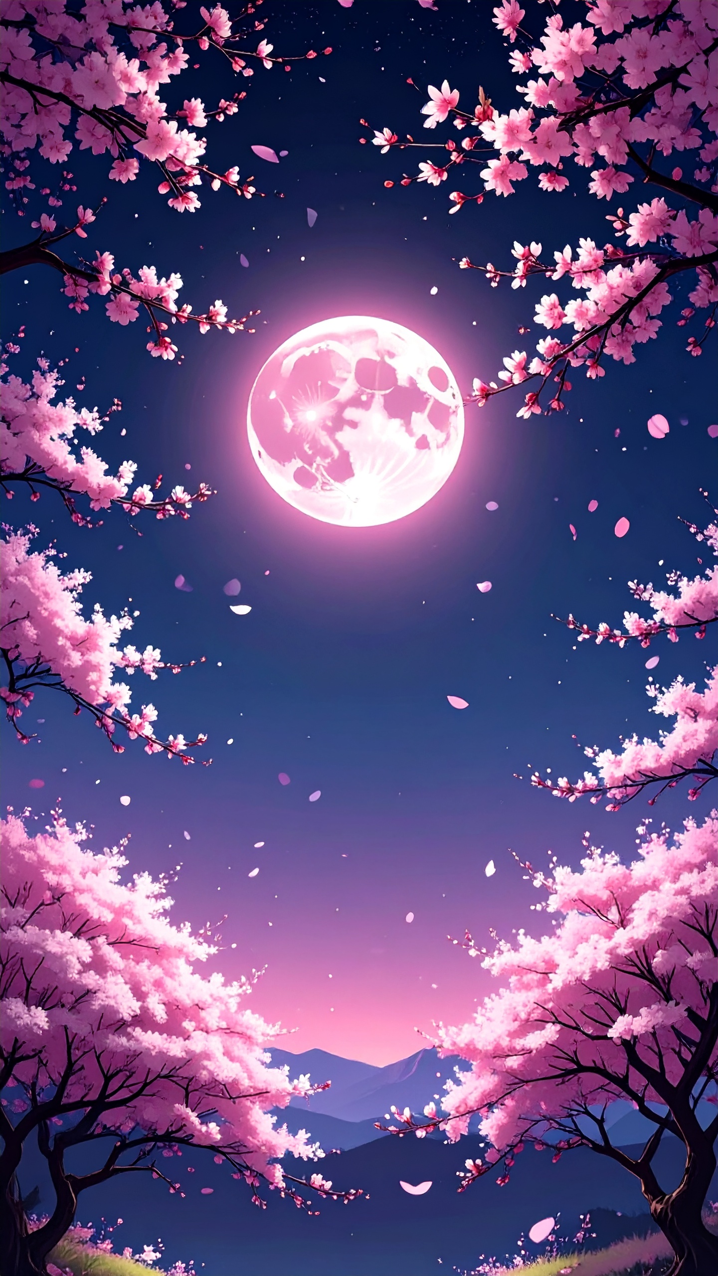 深みのある紫色の夜空に輝く大きな満月と、その光に照らされて淡いピンク色に浮かび上がる満開の桜。舞い散る花びらが、静寂に包まれた夜の風景に情緒豊かな動きを与えています。