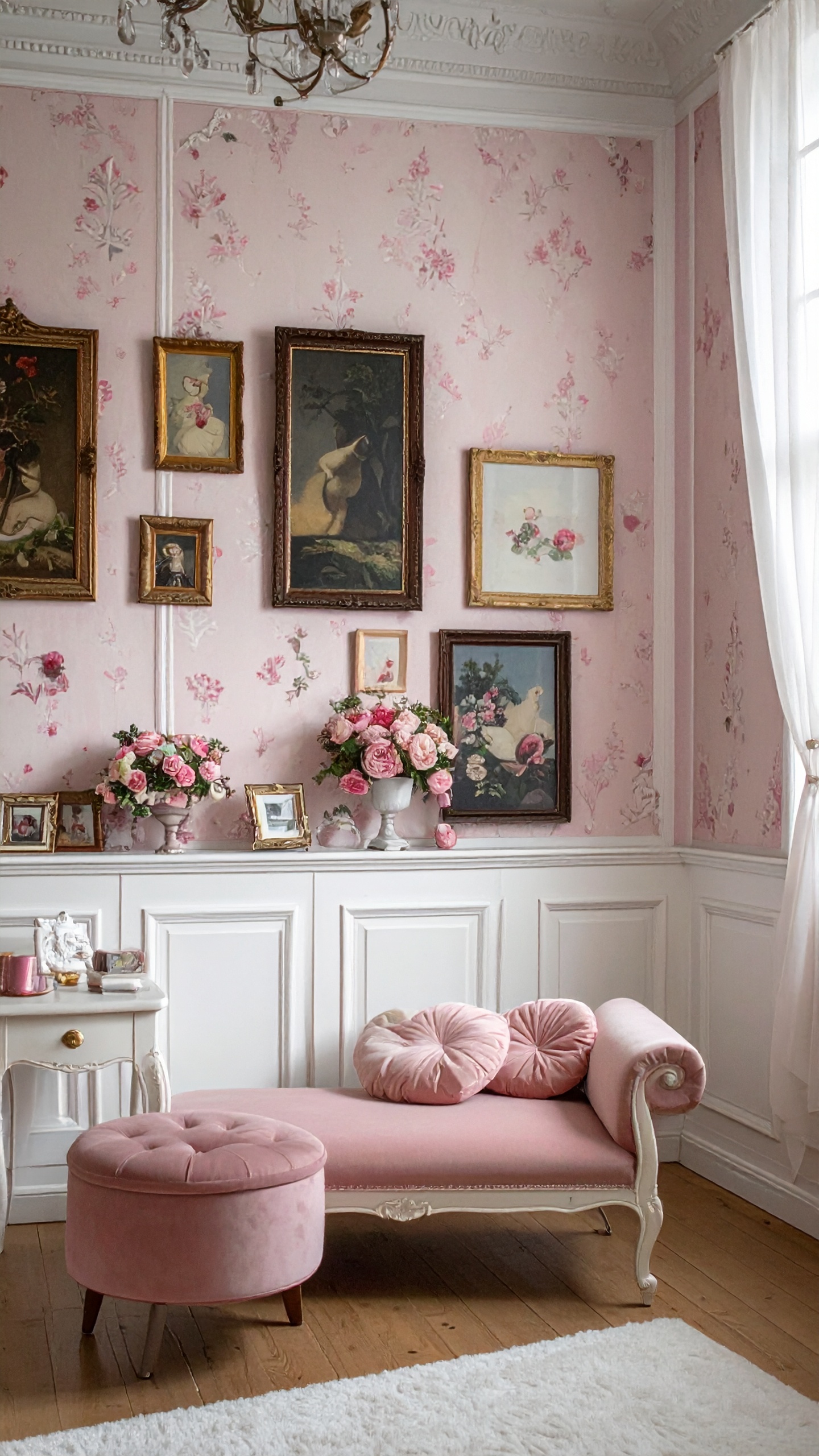 繊細なバラ模様のピンクの壁紙に、金色の額縁に収まったアンティークな絵画が並ぶ優雅な空間