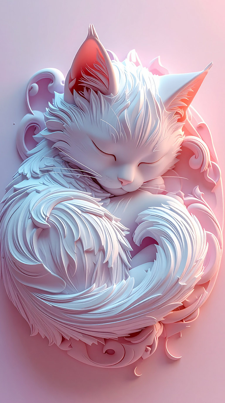 白猫が渦巻き状に眠る立体的な彫刻アート。ピンクの背景。