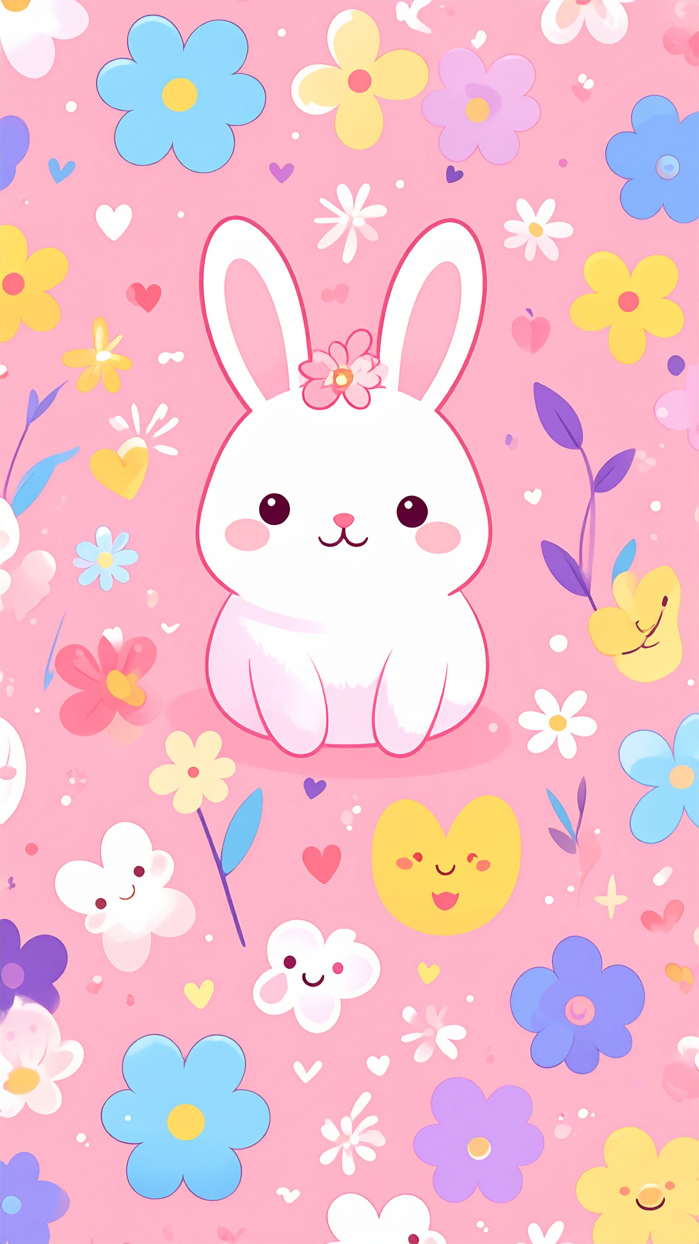 ピンクの背景に、白いウサギと色鮮やかな花々が描かれた愛らしいイラスト