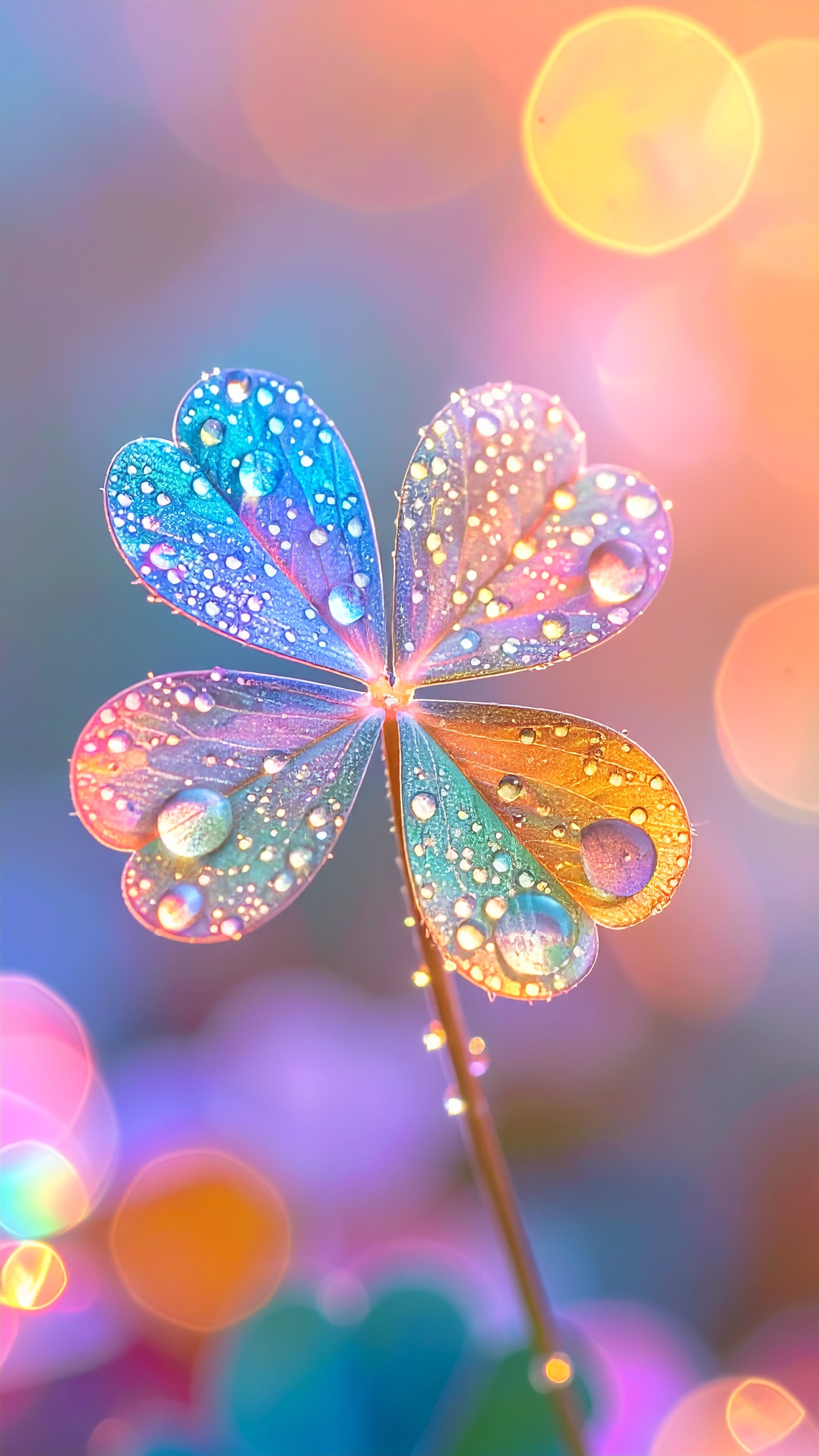 虹色の四つ葉のクローバーに水滴。ボケと光が幻想的。