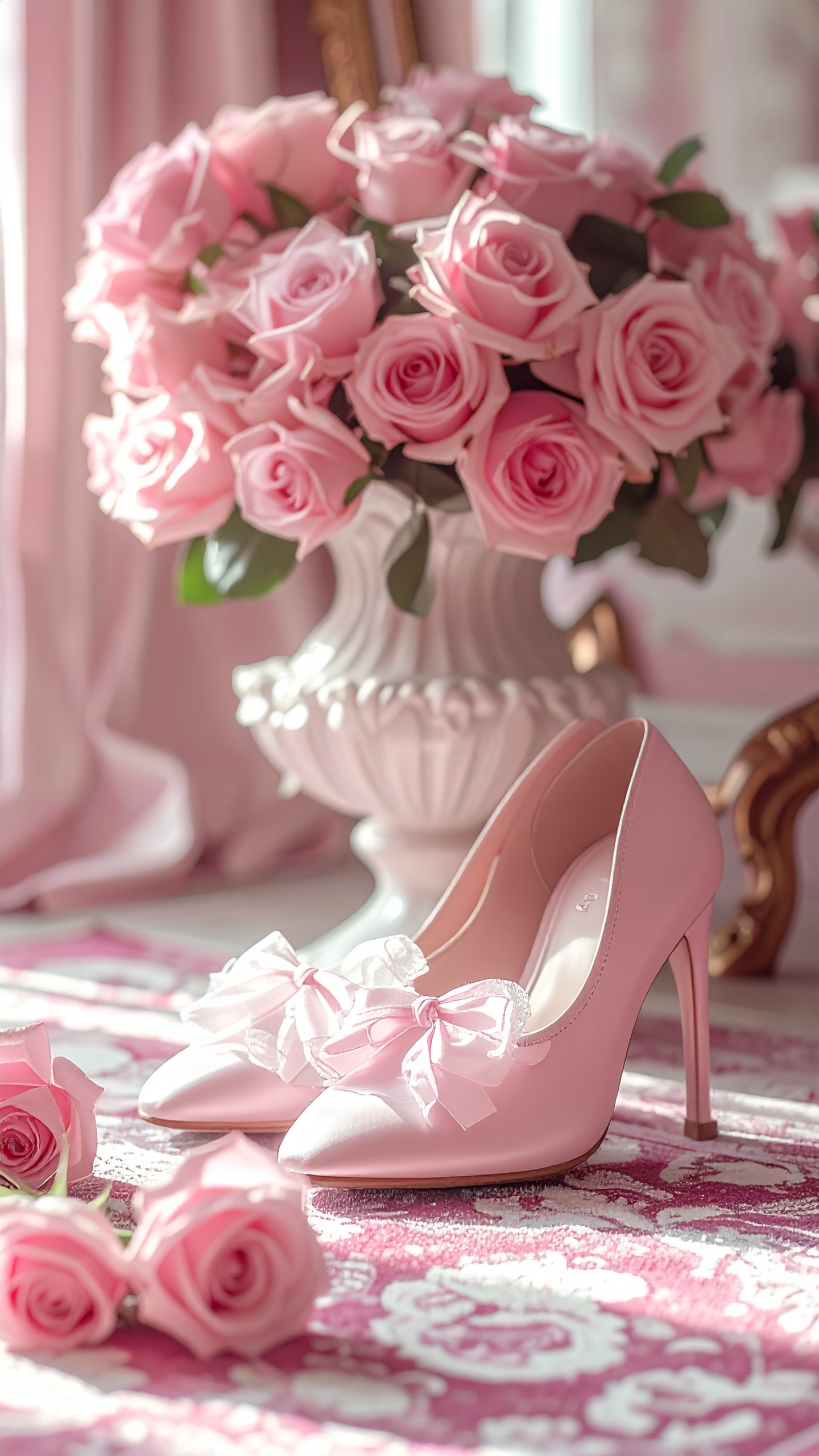 ピンクの薔薇とリボン付きのハイヒール。ロマンチックな雰囲気。